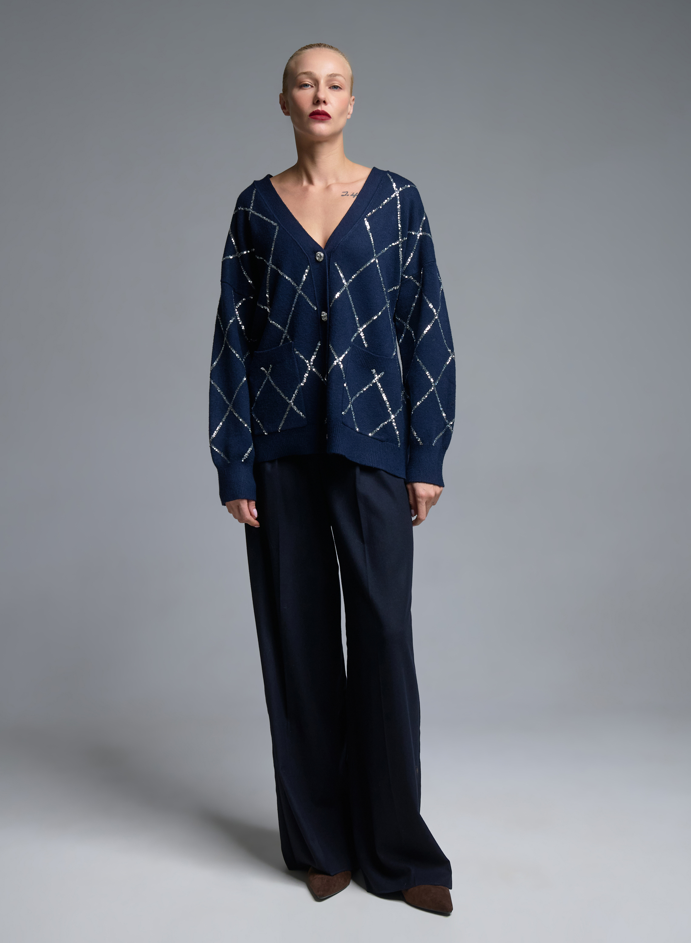 Blue knitted Cardigan with sequins, with V neckline and with patch pockets Valentina Milano - 0