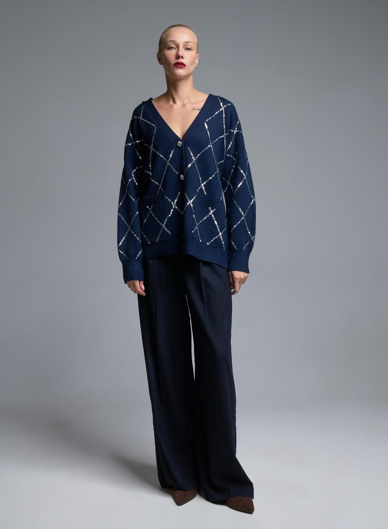 Blue knitted Cardigan with sequins, with V neckline and with patch pockets Valentina Milano - 1