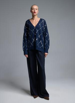 Blue knitted Cardigan with sequins, with V neckline and with patch pockets Valentina Milano - 68022