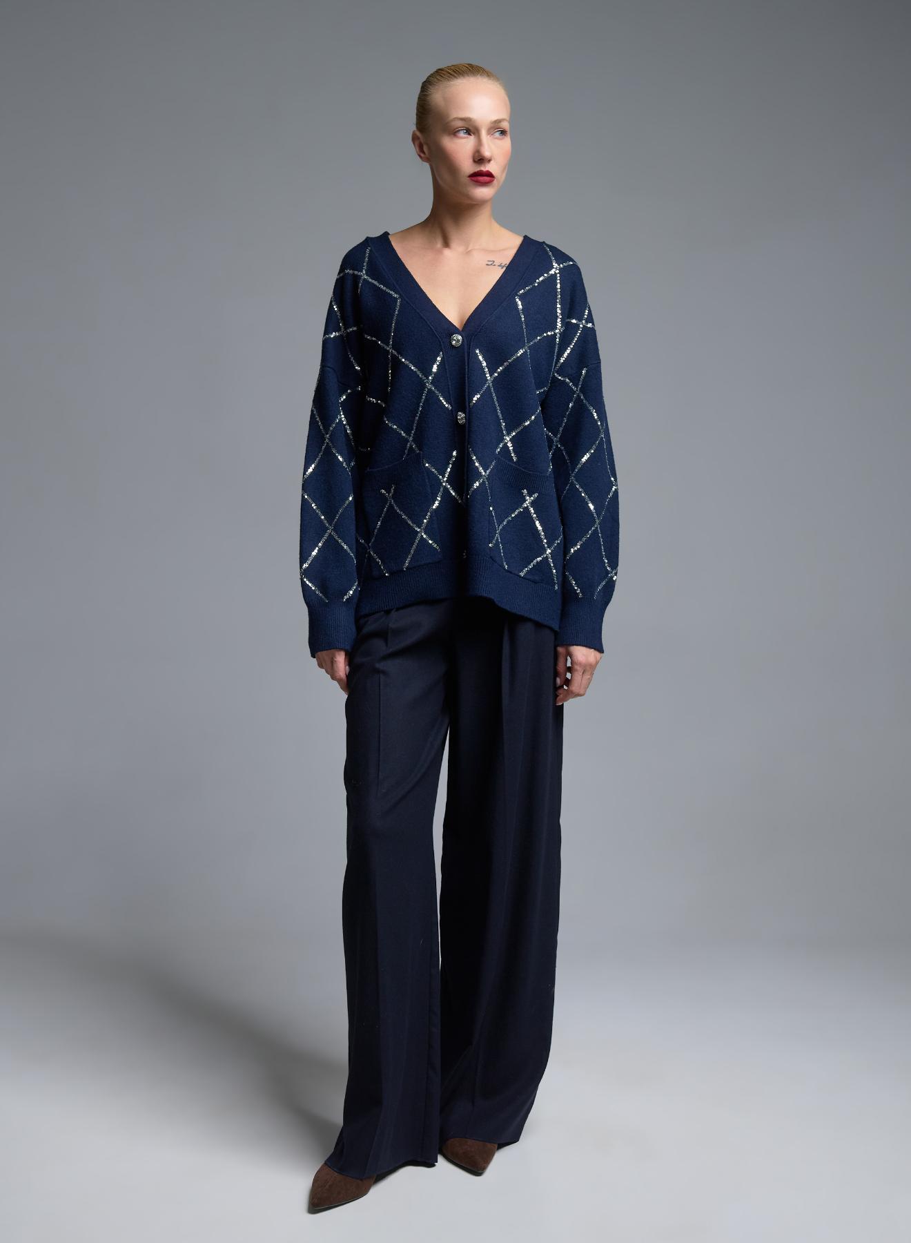 Blue knitted Cardigan with sequins, with V neckline and with patch pockets Valentina Milano - 5