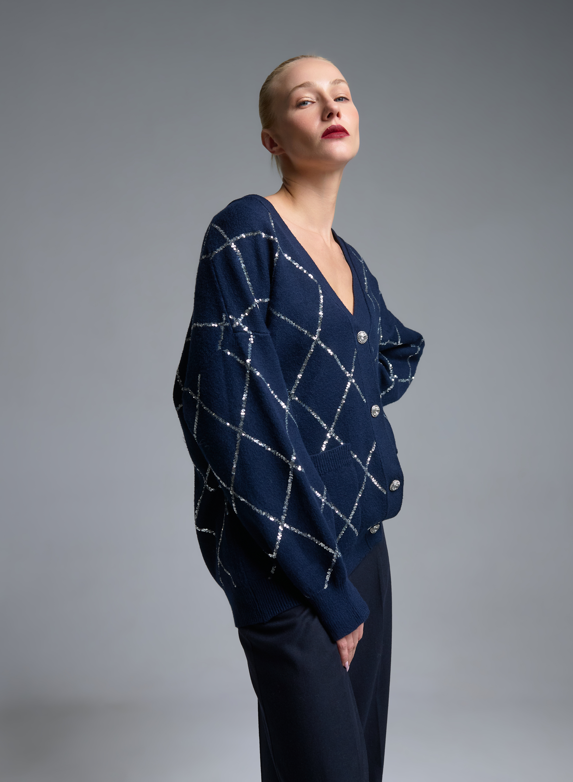 Blue knitted Cardigan with sequins, with V neckline and with patch pockets Valentina Milano - 2