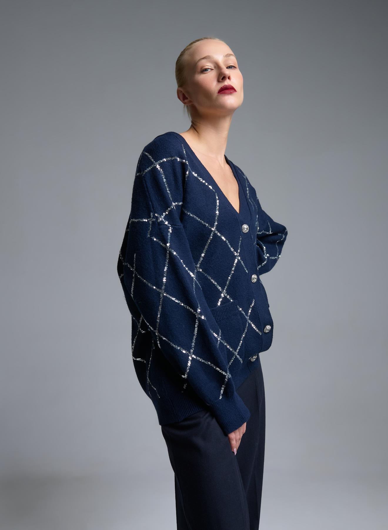 Blue knitted Cardigan with sequins, with V neckline and with patch pockets Valentina Milano - 3