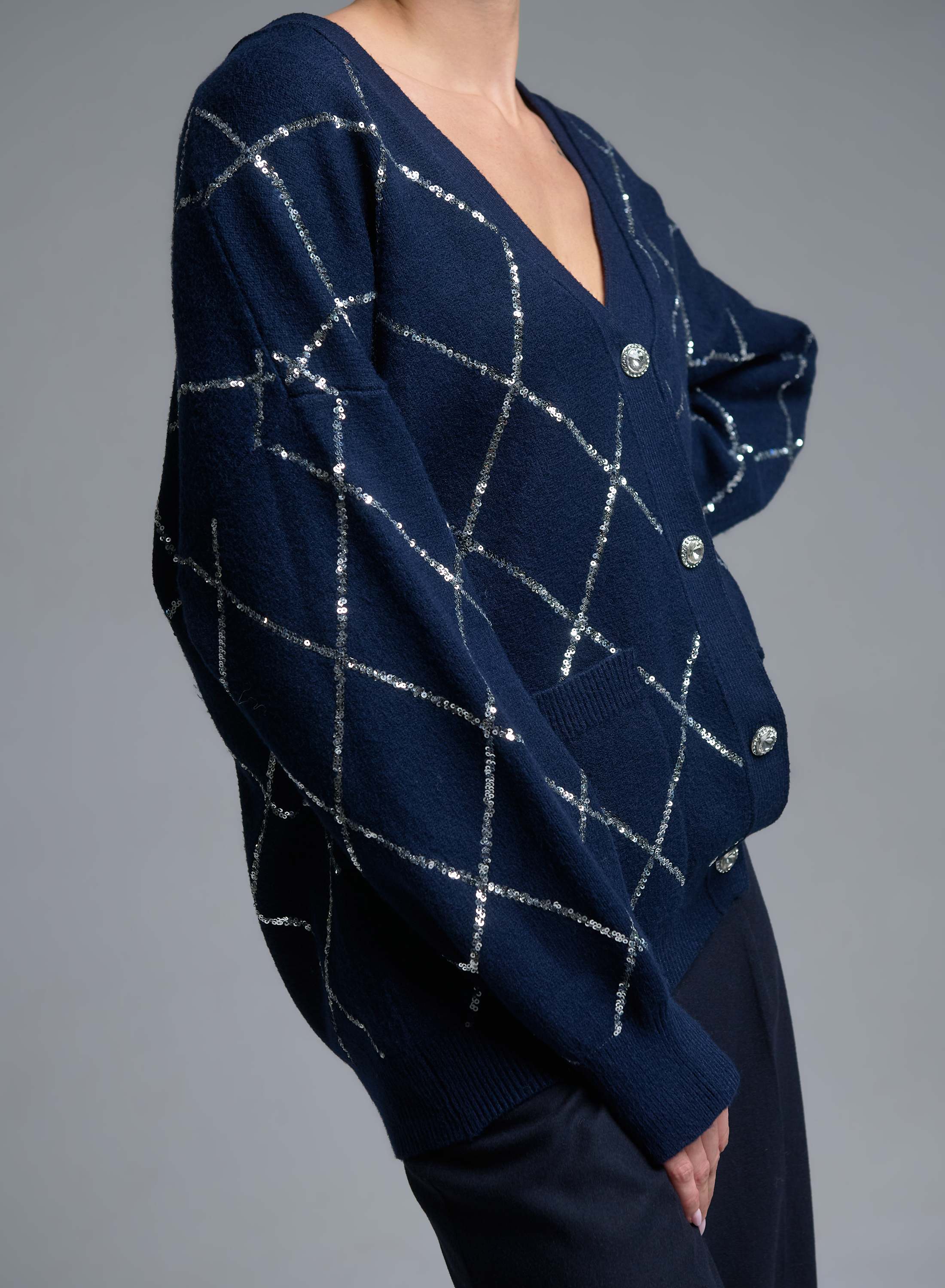 Blue knitted Cardigan with sequins, with V neckline and with patch pockets Valentina Milano - 3