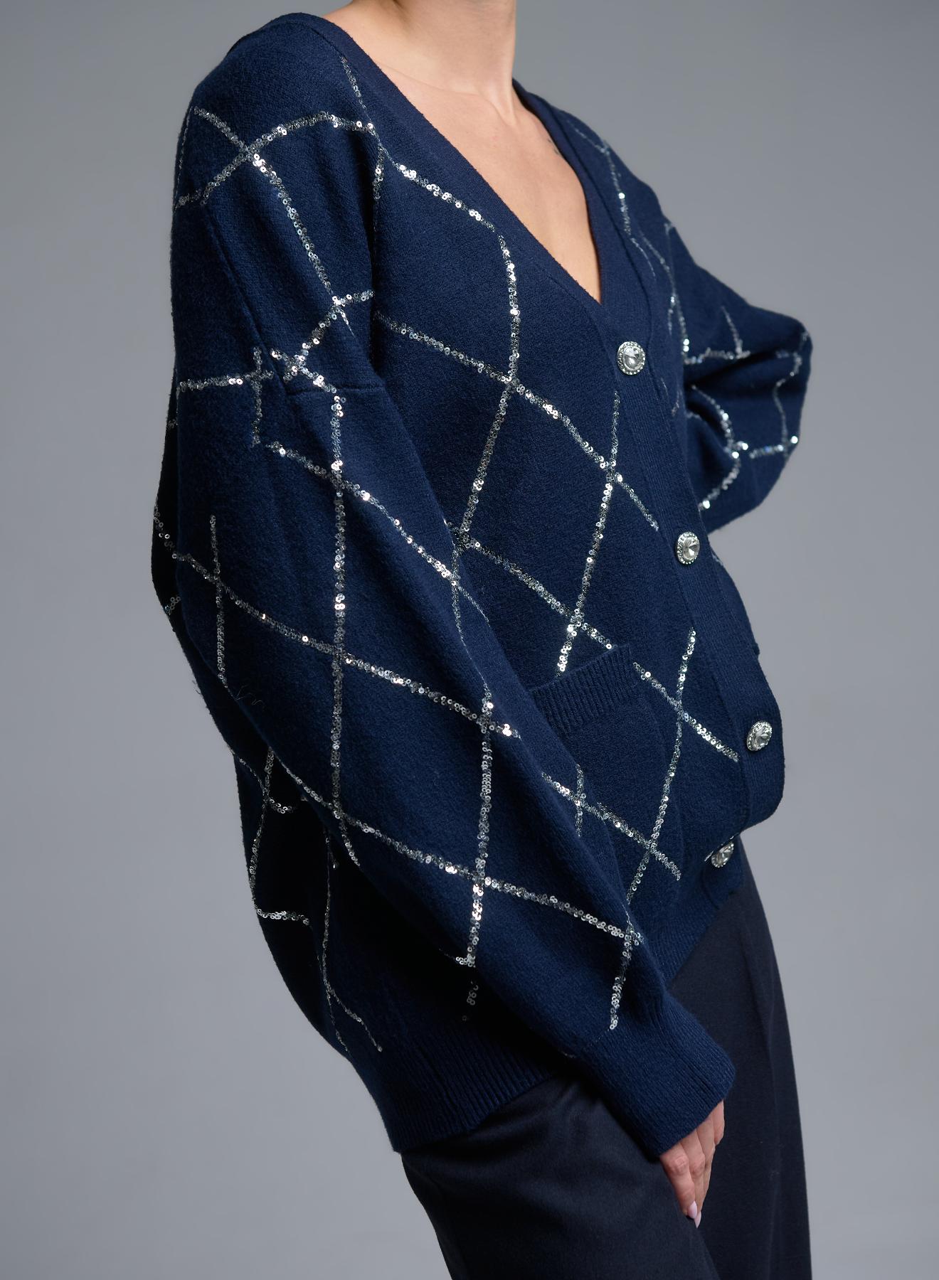 Blue knitted Cardigan with sequins, with V neckline and with patch pockets Valentina Milano - 4