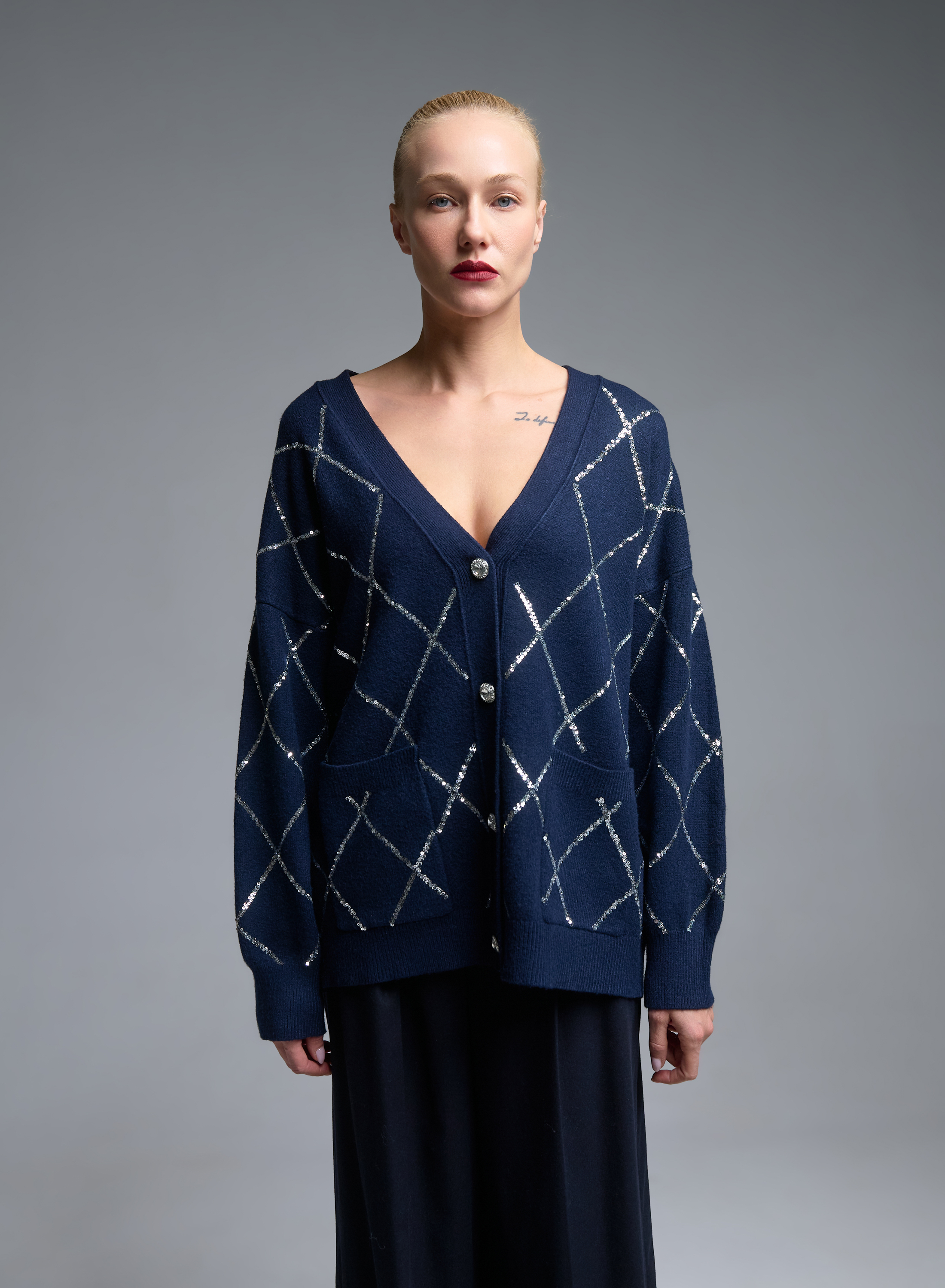 Blue knitted Cardigan with sequins, with V neckline and with patch pockets Valentina Milano - 1