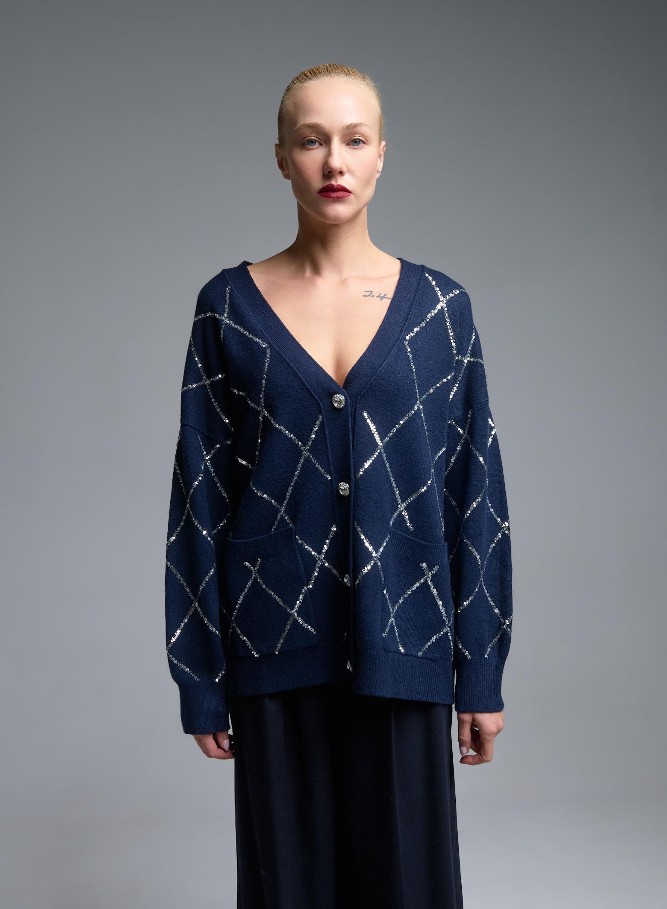Blue knitted Cardigan with sequins, with V neckline and with patch pockets Valentina Milano - 2