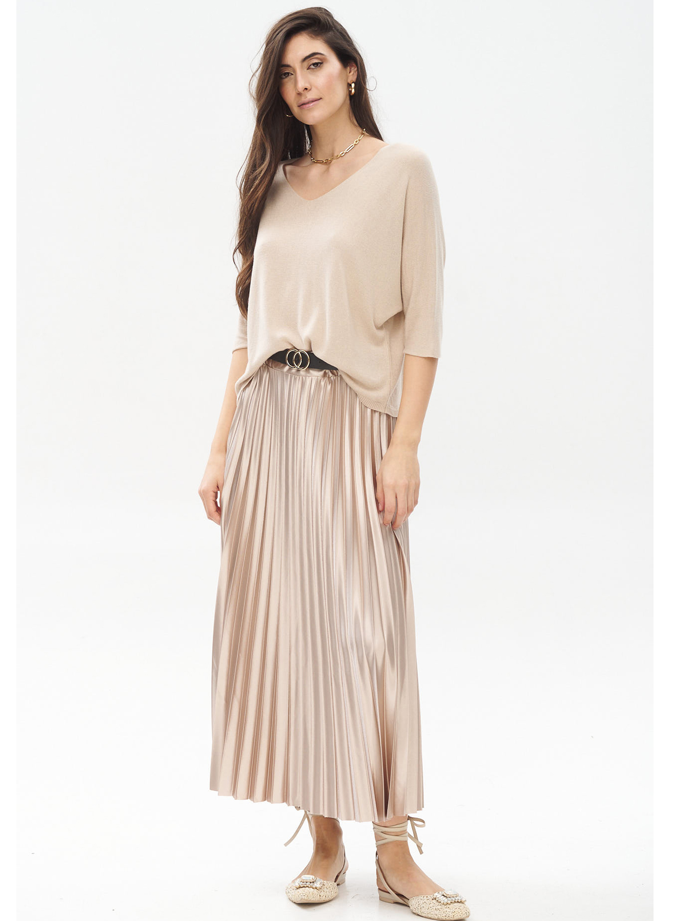 Pleated silky touch skirt with belt - 1