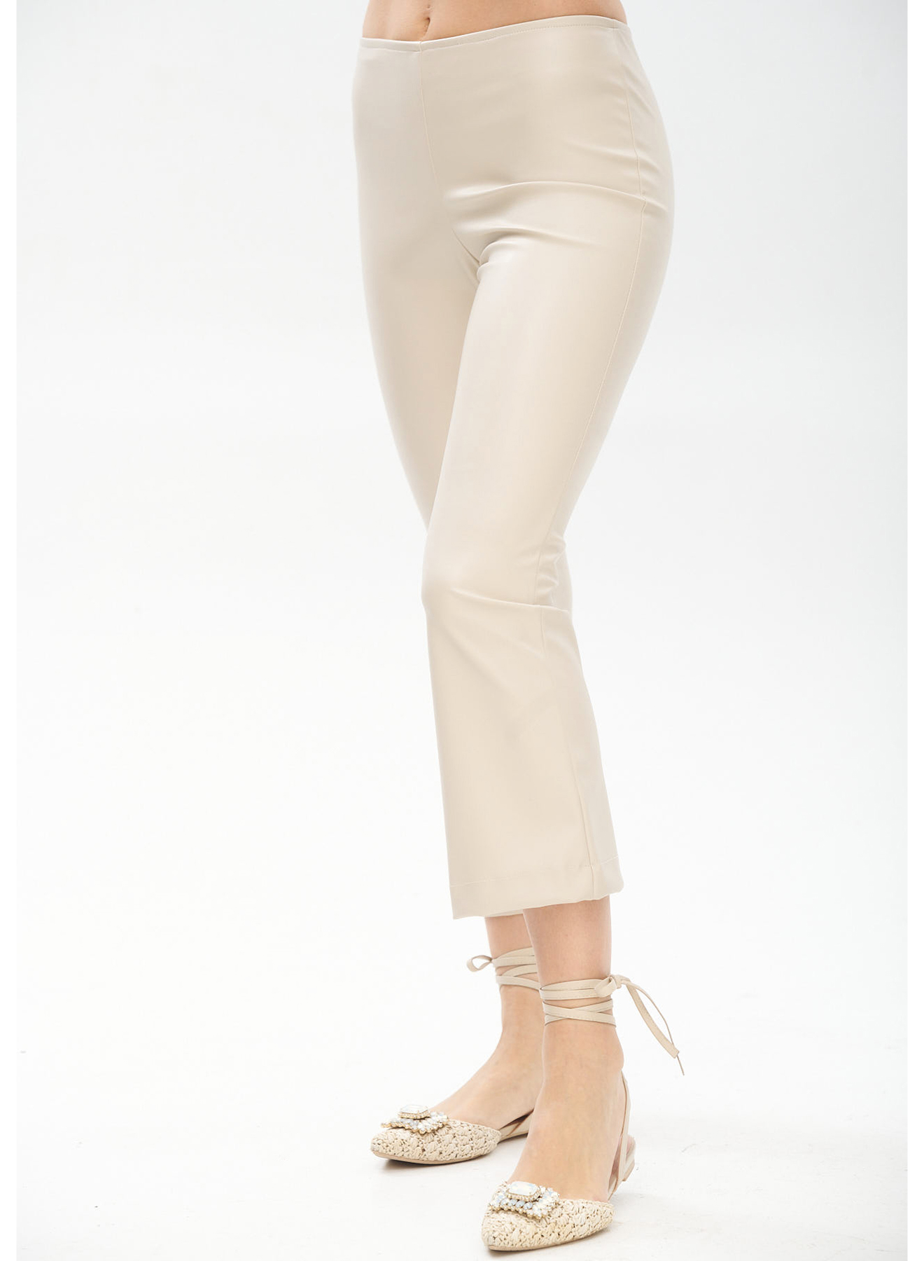 Eco leather cropped, flared trousers with rubber waistband - 2
