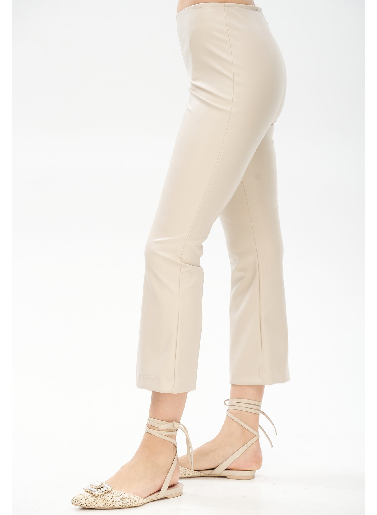 Eco leather cropped, flared trousers with rubber waistband - 1