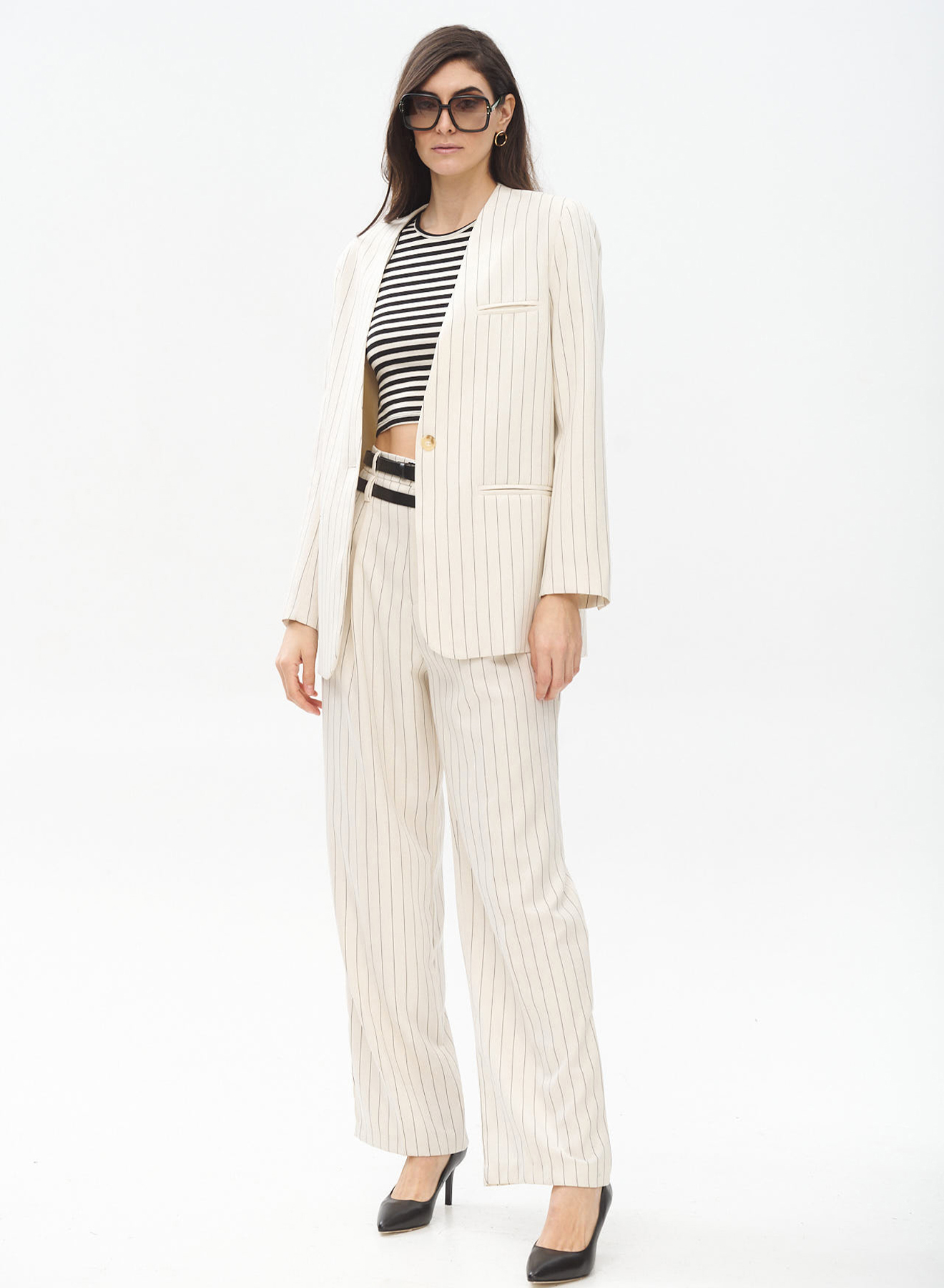Pinstriped Trousers with Pleats and Double Belt - 3