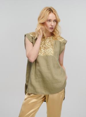 Tea-Gold new All Over sleeveless Linen Blouse with round neckline with button Greek Archaic Kori - 30704