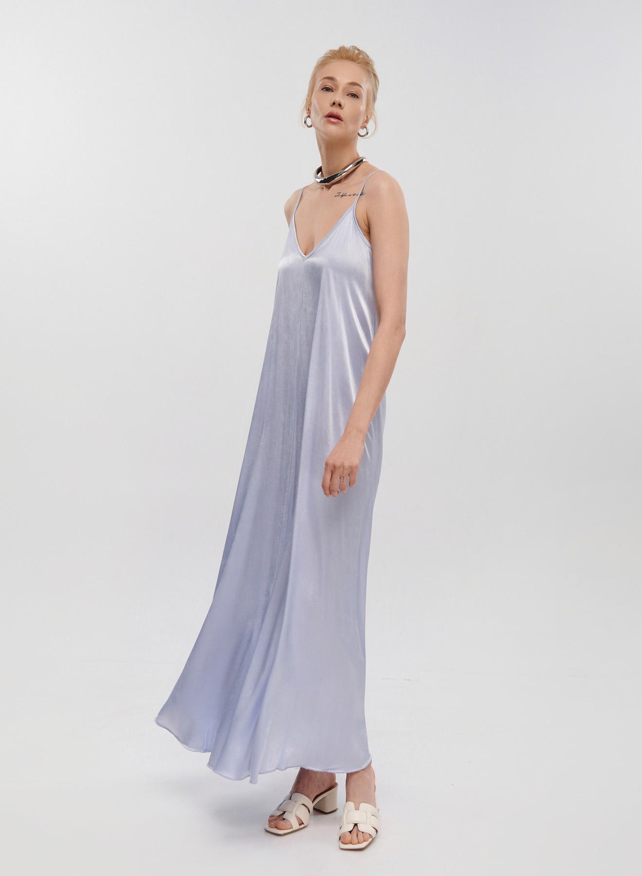 Light Blue silky touch long Dress with straps La Liberta - 4