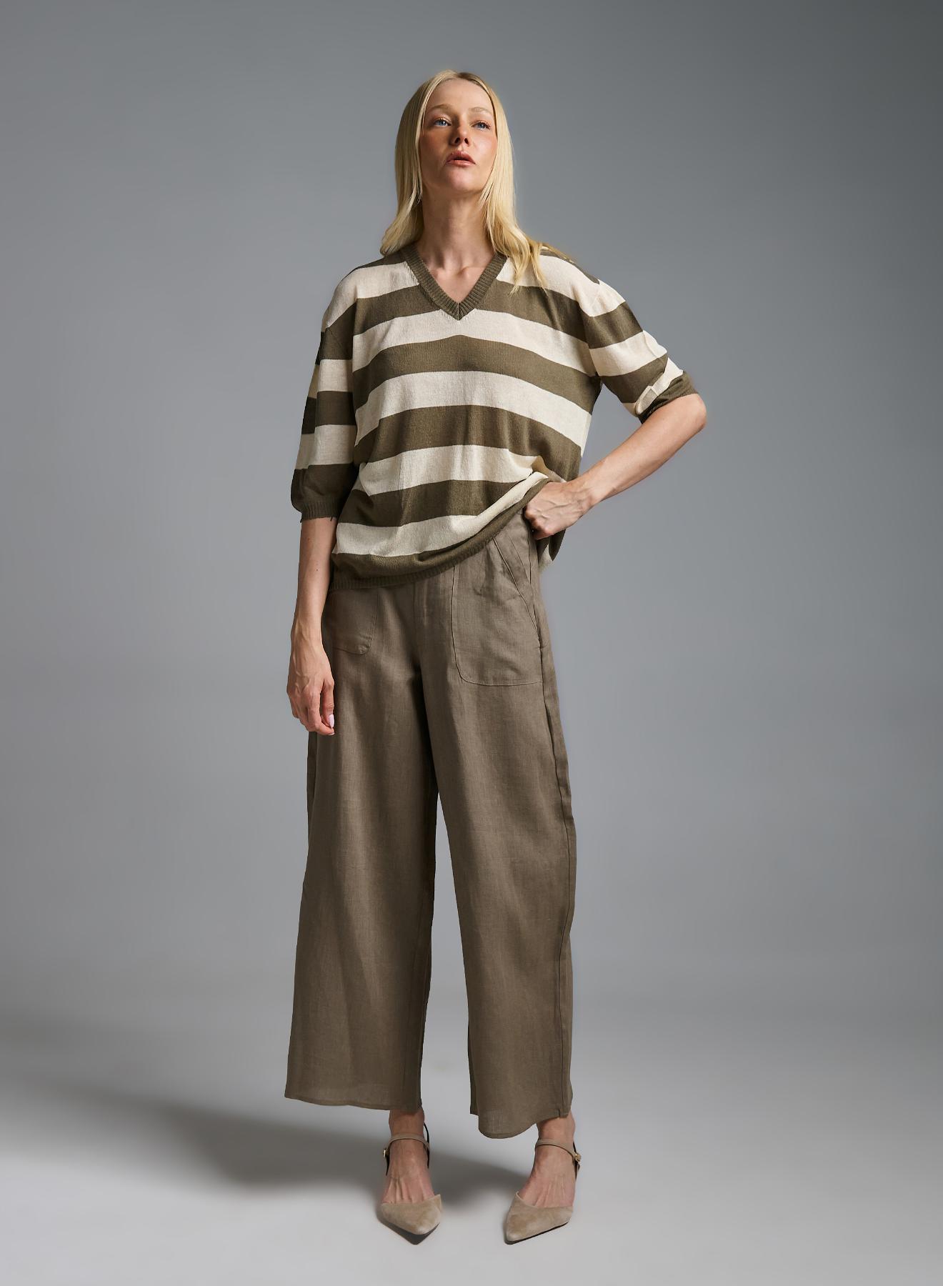 Olive-Ecru knitted striped Blouse with short sleeves and with V neckline Kontatto - 2