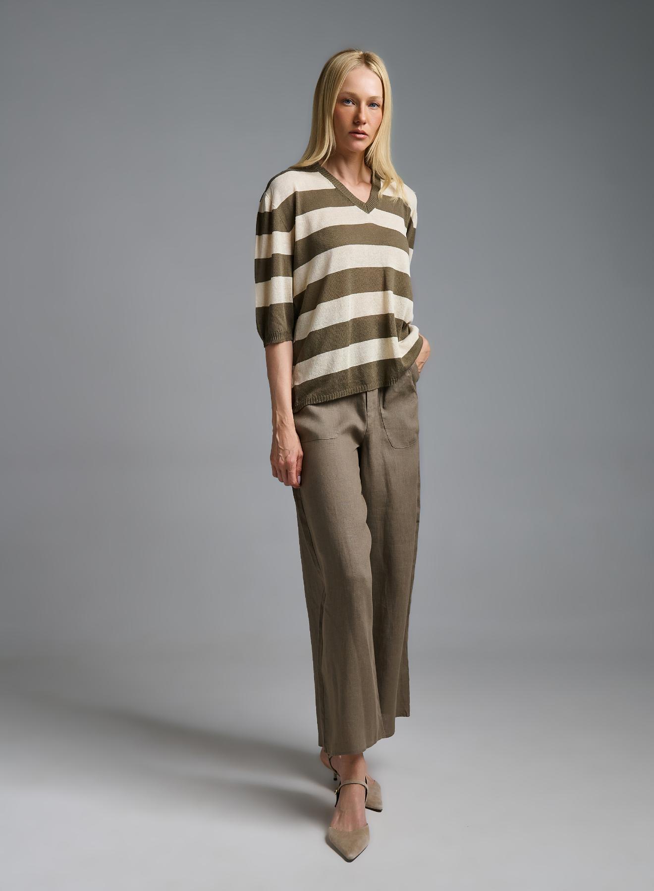 Olive-Ecru knitted striped Blouse with short sleeves and with V neckline Kontatto - 3