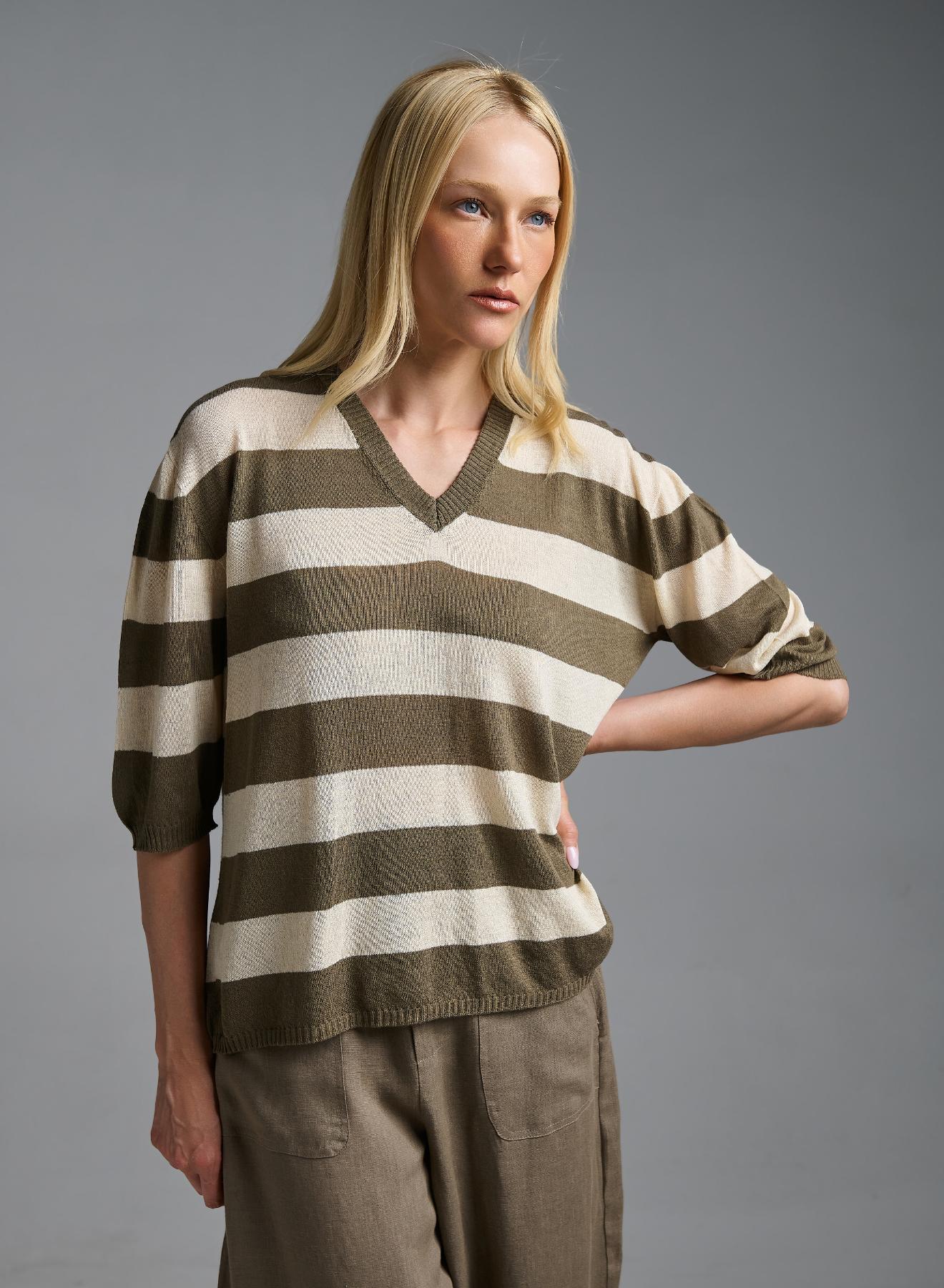 Olive-Ecru knitted striped Blouse with short sleeves and with V neckline Kontatto - 4