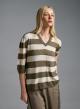 Olive-Ecru knitted striped Blouse with short sleeves and with V neckline Kontatto - 0