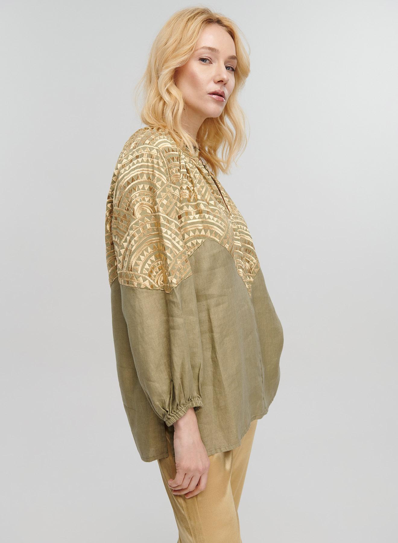 Tea-Gold new All Over Linen Blouse with puffy long sleeves and with V neckline Greek Archaic Kori - 4