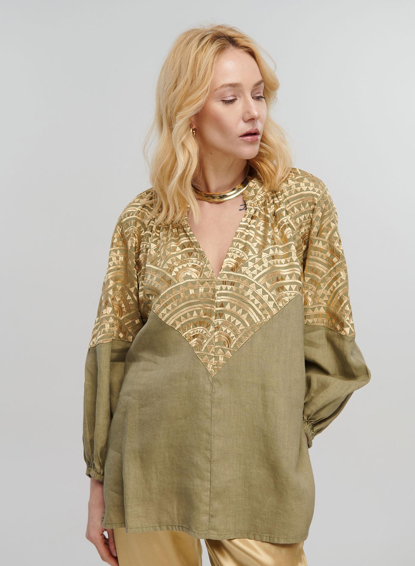 Tea-Gold new All Over Linen Blouse with puffy long sleeves and with V neckline Greek Archaic Kori - 5