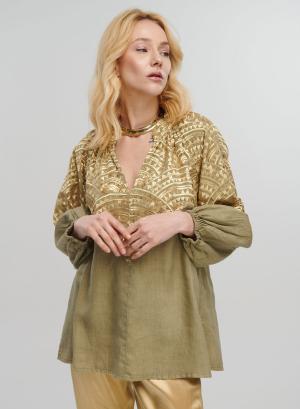 Tea-Gold new All Over Linen Blouse with puffy long sleeves and with V neckline Greek Archaic Kori - 30727