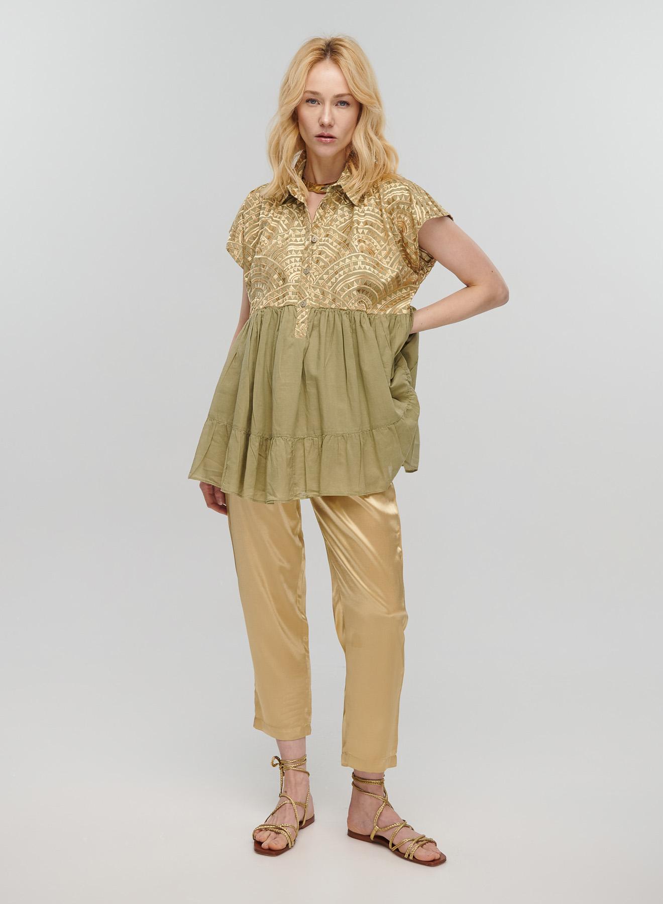 Tea-Gold new All Over Blouse with ruffles Greek Archaic Kori - 5