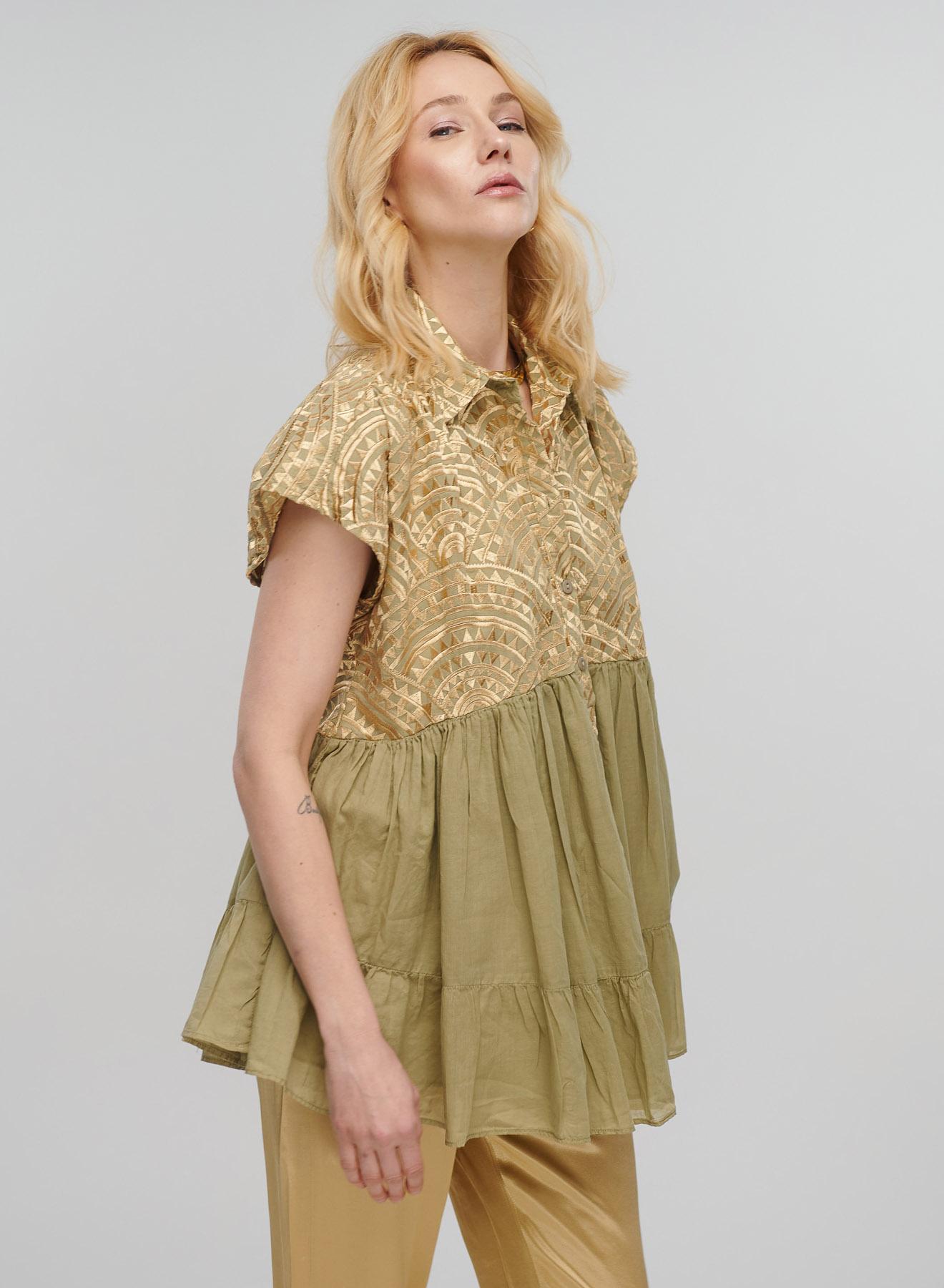 Tea-Gold new All Over Blouse with ruffles Greek Archaic Kori - 3