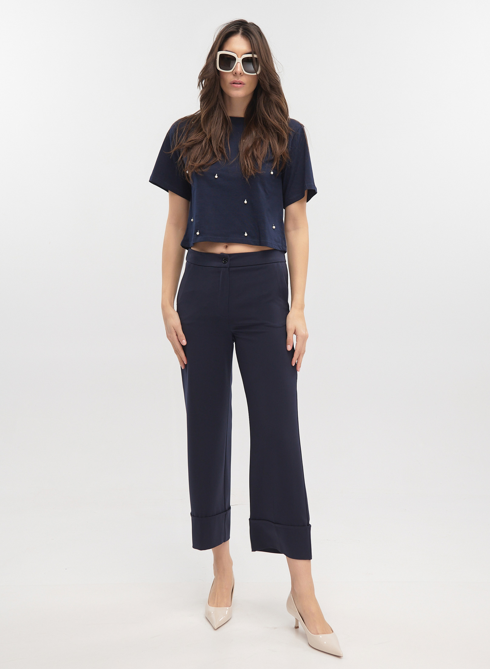 Navy Blue straight leg cropped Trousers with turn ups Emme Marella - 0