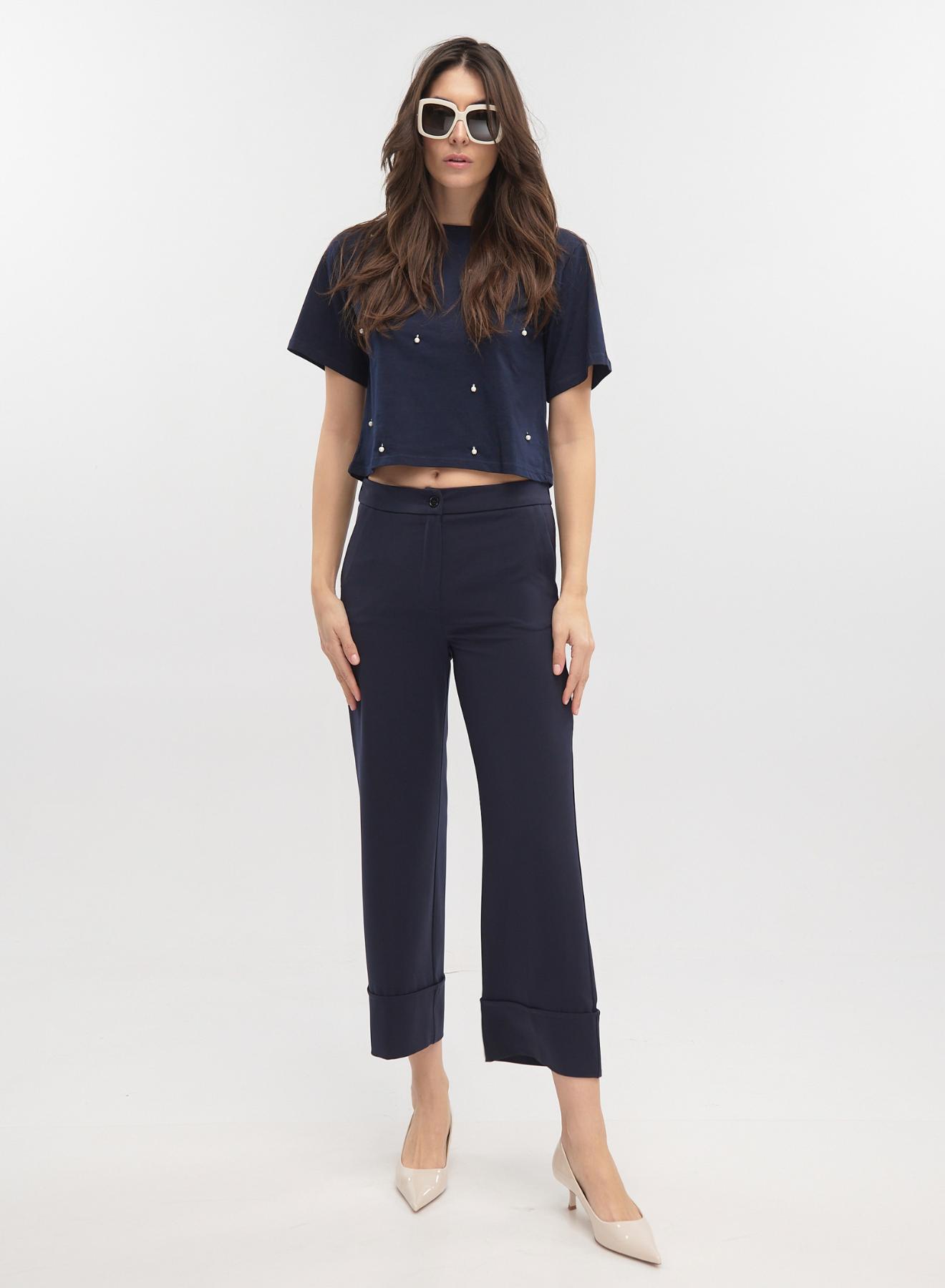 Navy Blue straight leg cropped Trousers with turn ups Emme Marella - 1