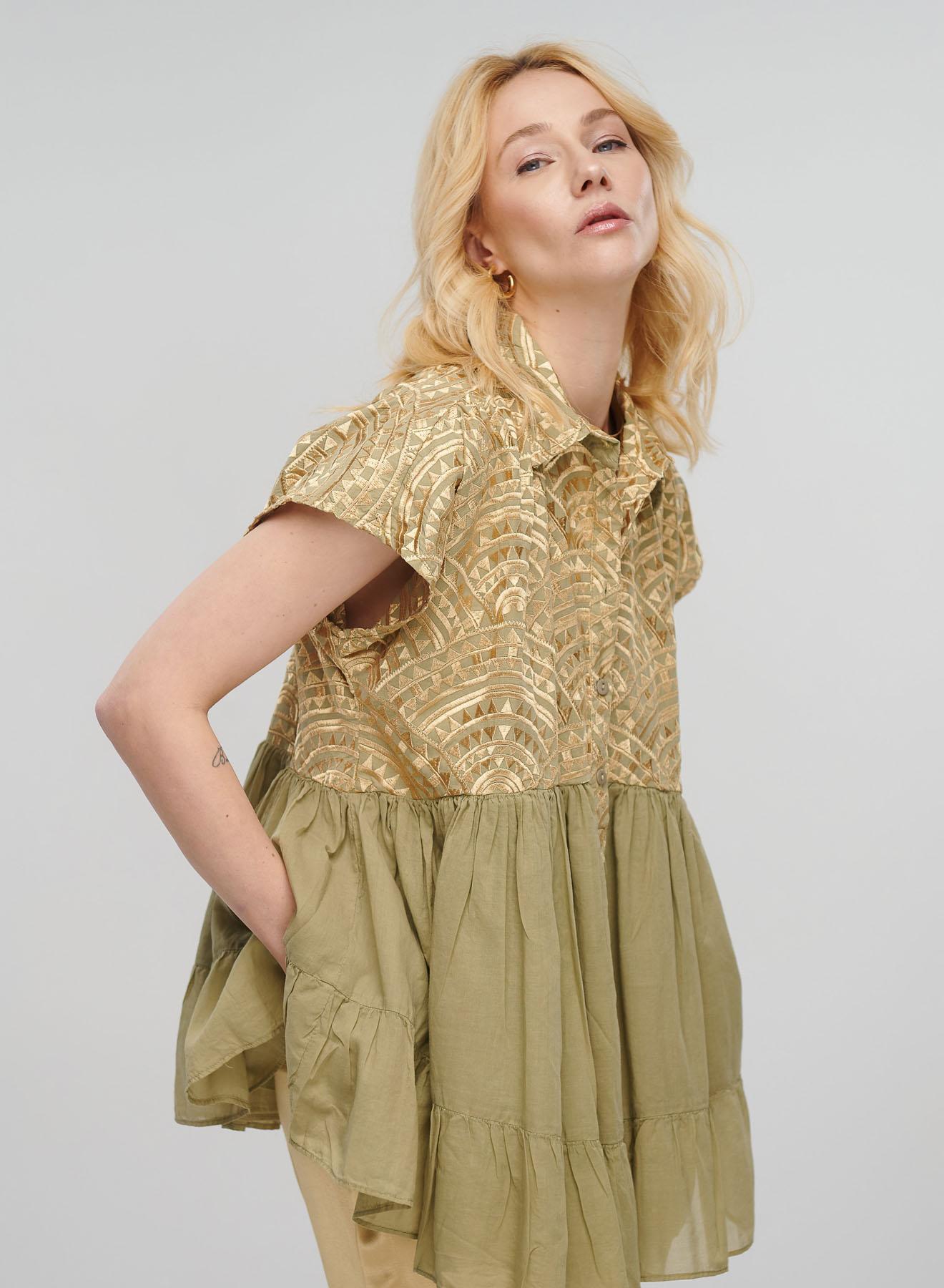Tea-Gold new All Over Blouse with ruffles Greek Archaic Kori - 1