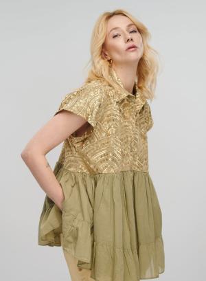 Tea-Gold new All Over Blouse with ruffles Greek Archaic Kori - 32293