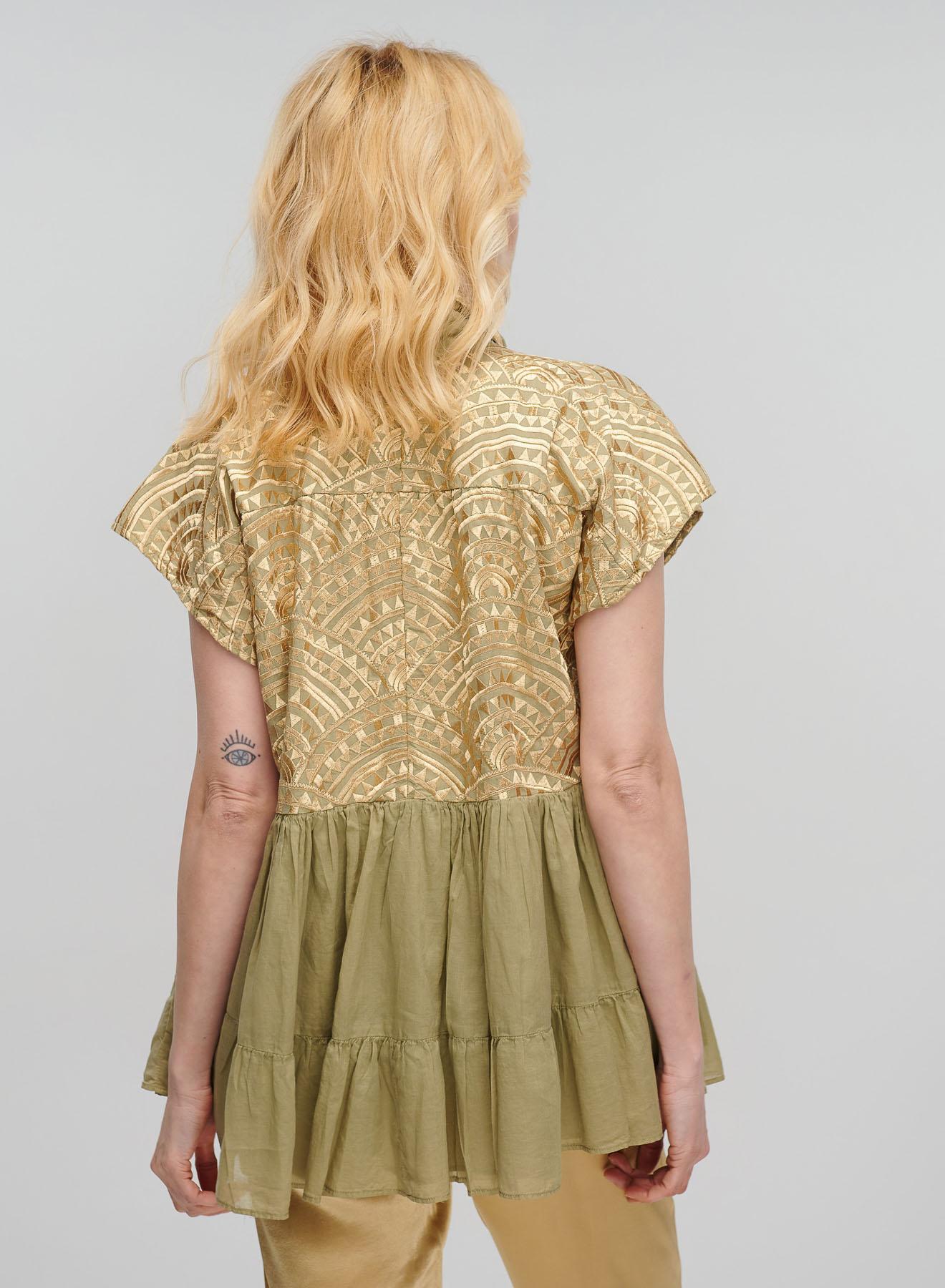 Tea-Gold new All Over Blouse with ruffles Greek Archaic Kori - 2