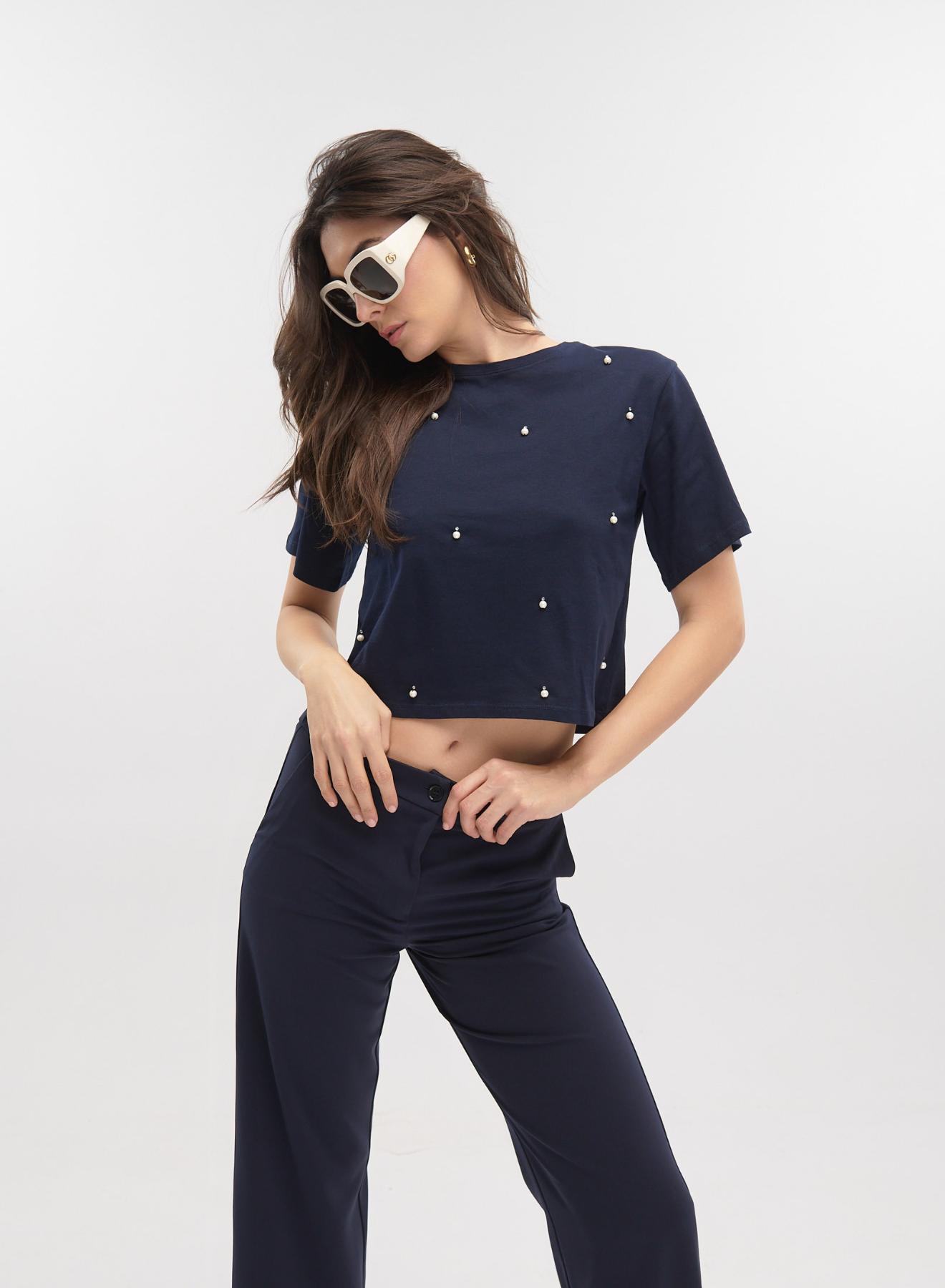 Navy Blue straight leg cropped Trousers with turn ups Emme Marella - 2