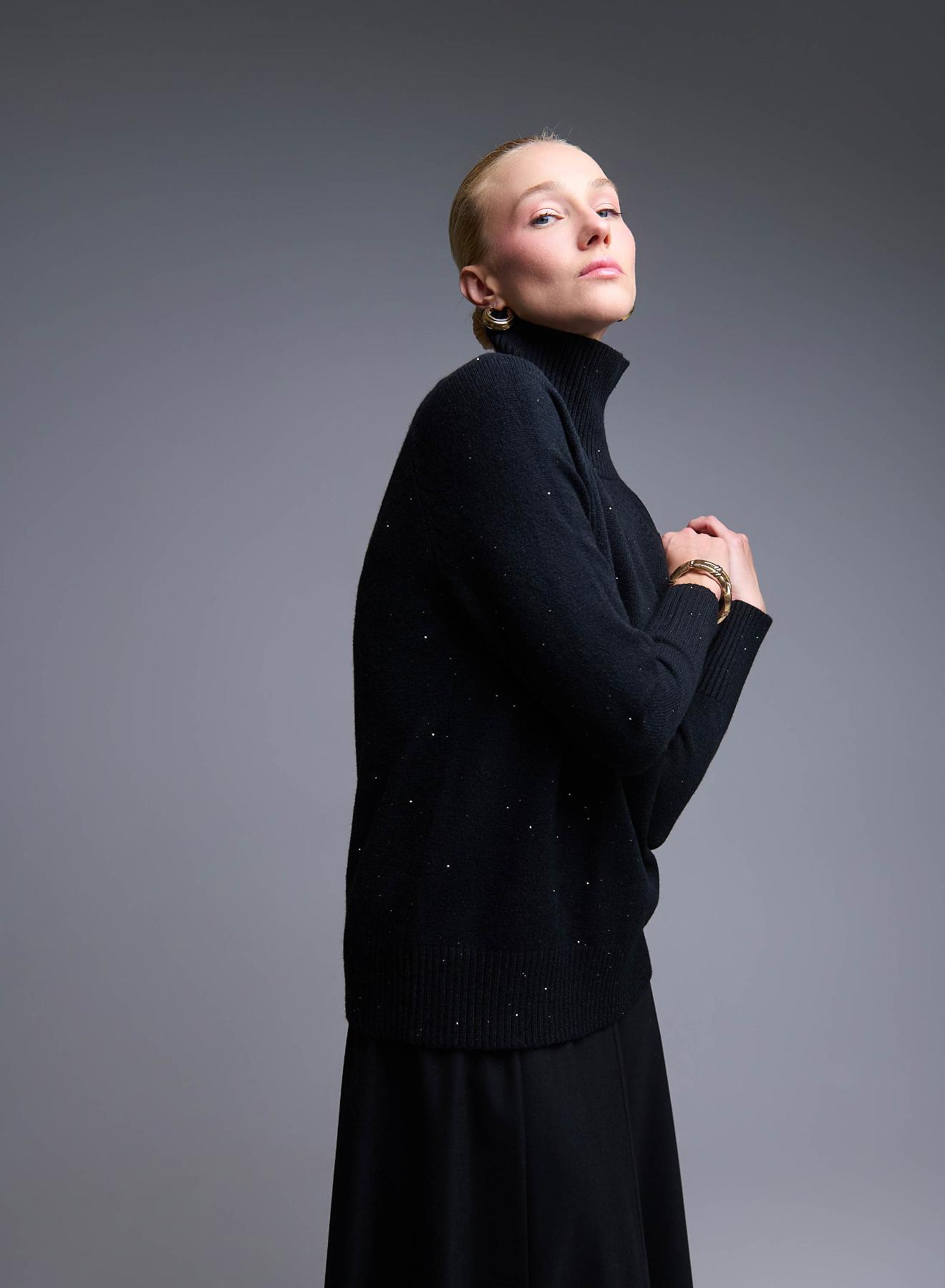 Black turtleneck Sweater with small rhinestones Valentina Milano - 3