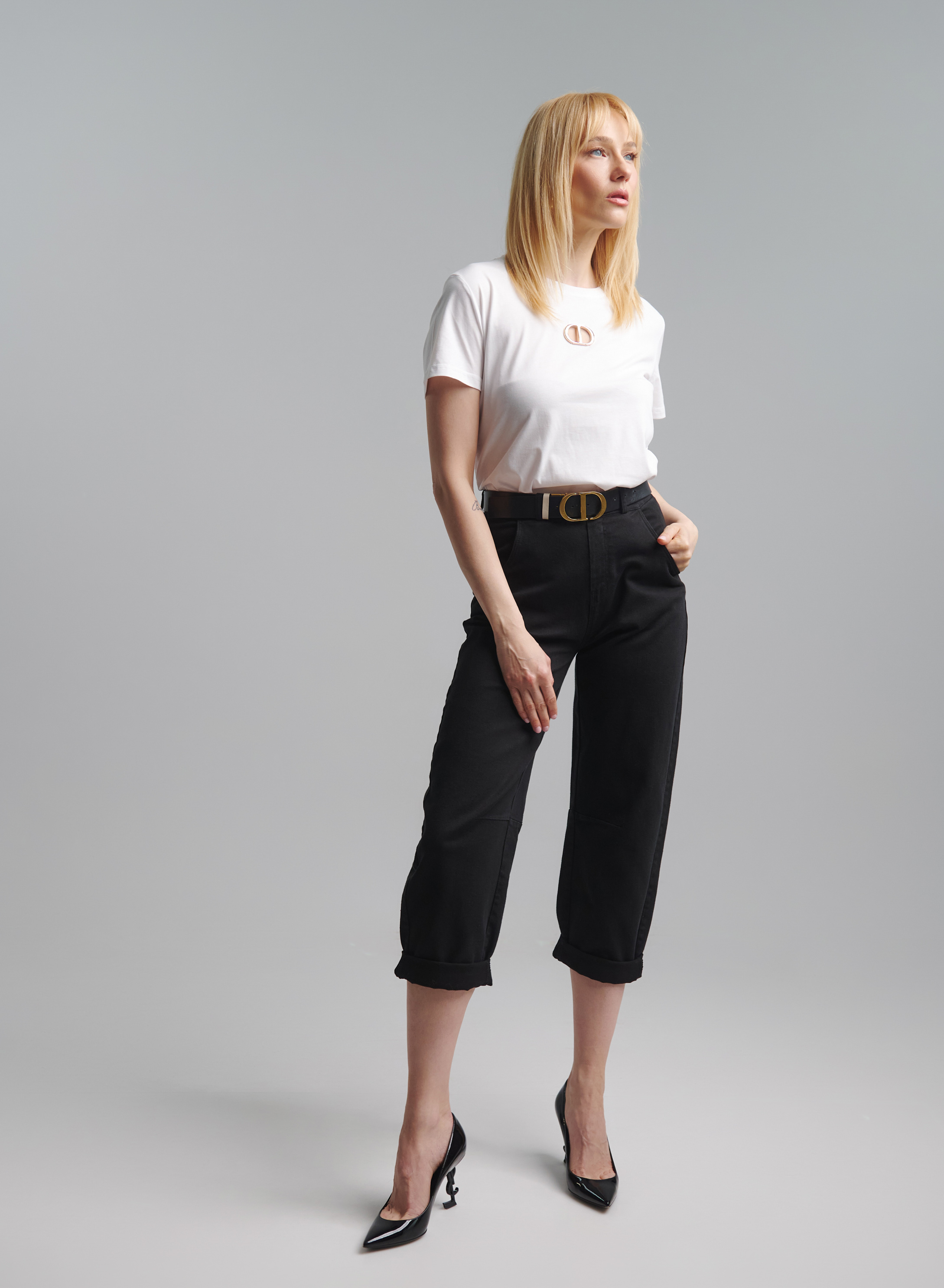 Black Jeans Trousers with turn ups and with belt Tensione In - 1