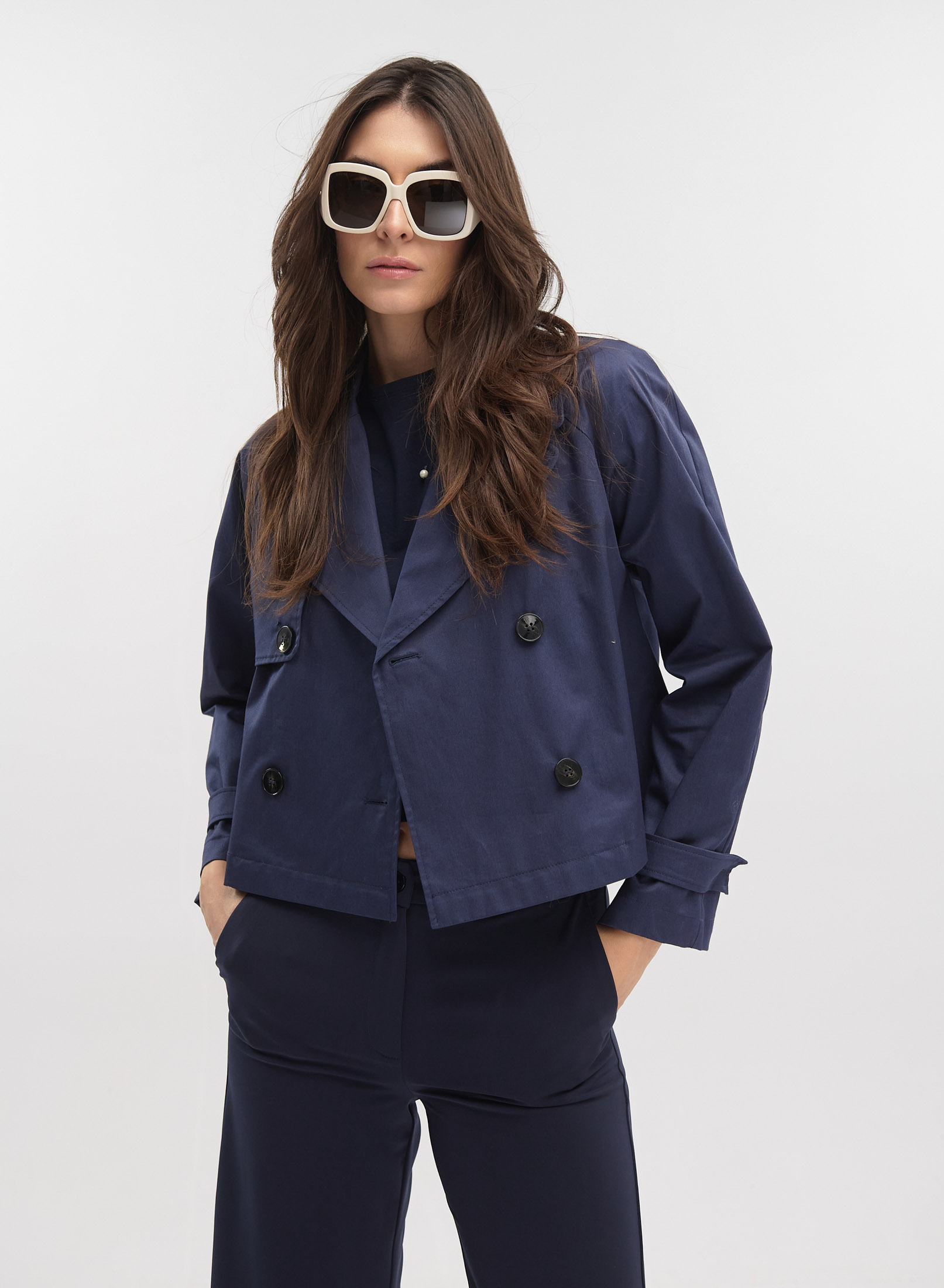 Navy Blue Double-breasted short trench coat-Jacket Emme Marella - 1