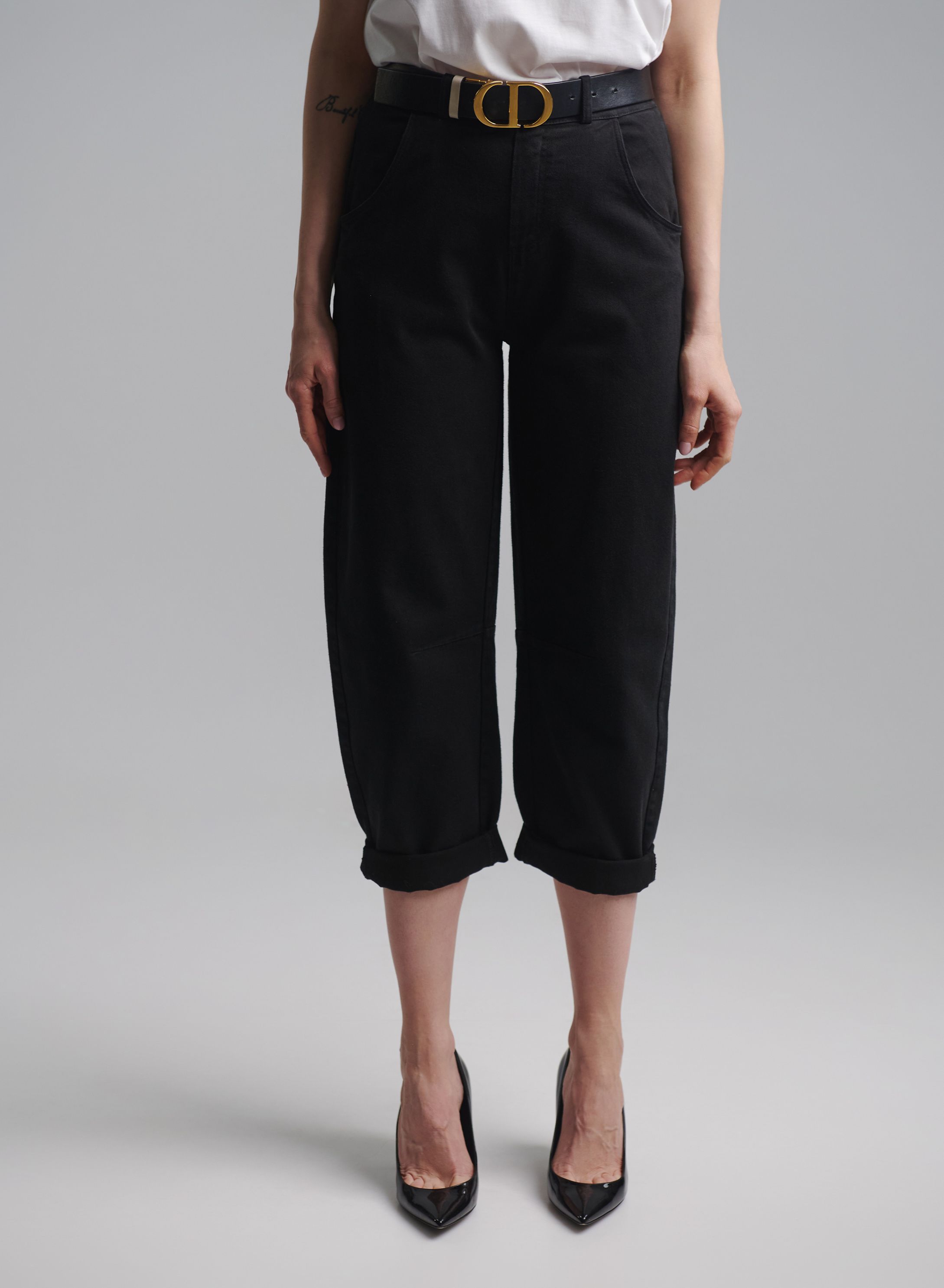 Black Jeans Trousers with turn ups and with belt Tensione In - 3