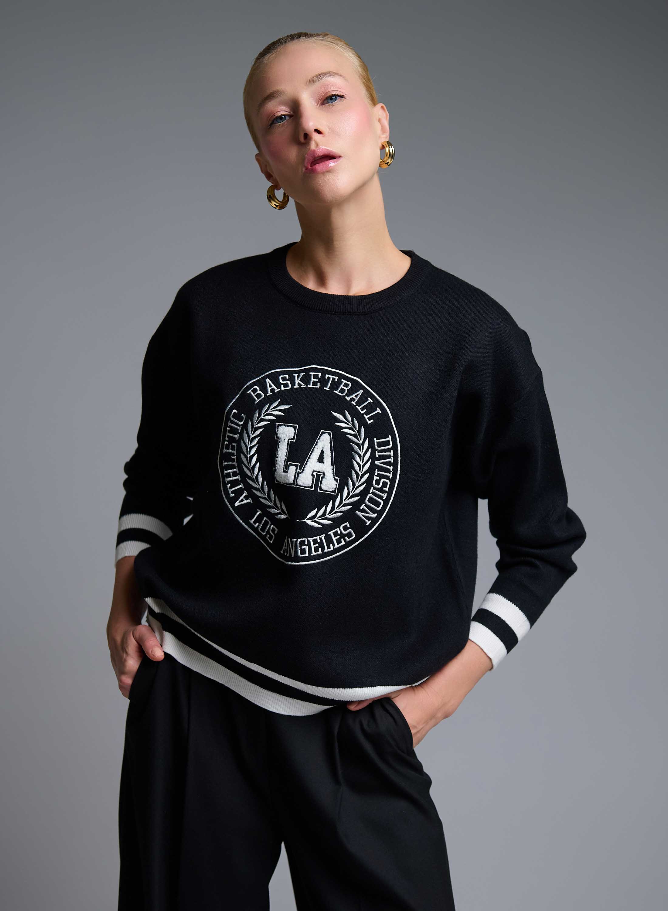 Μαύρο-Εκρού κολλεγιακό Πουλόβερ με στρογγυλή λαιμόκοψη Vinc - 2