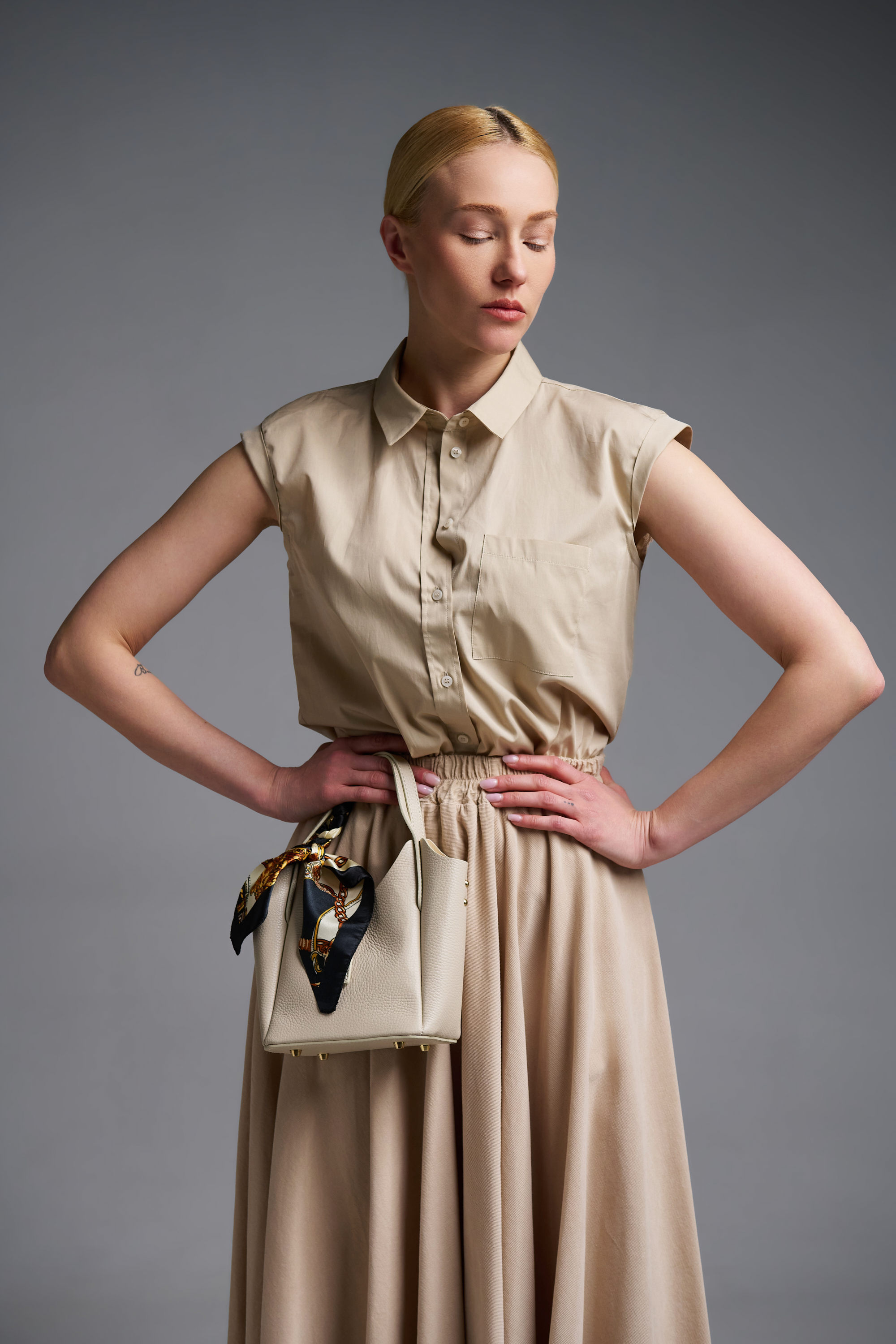 Ecru leather hand-crossbody Bag HG - 3