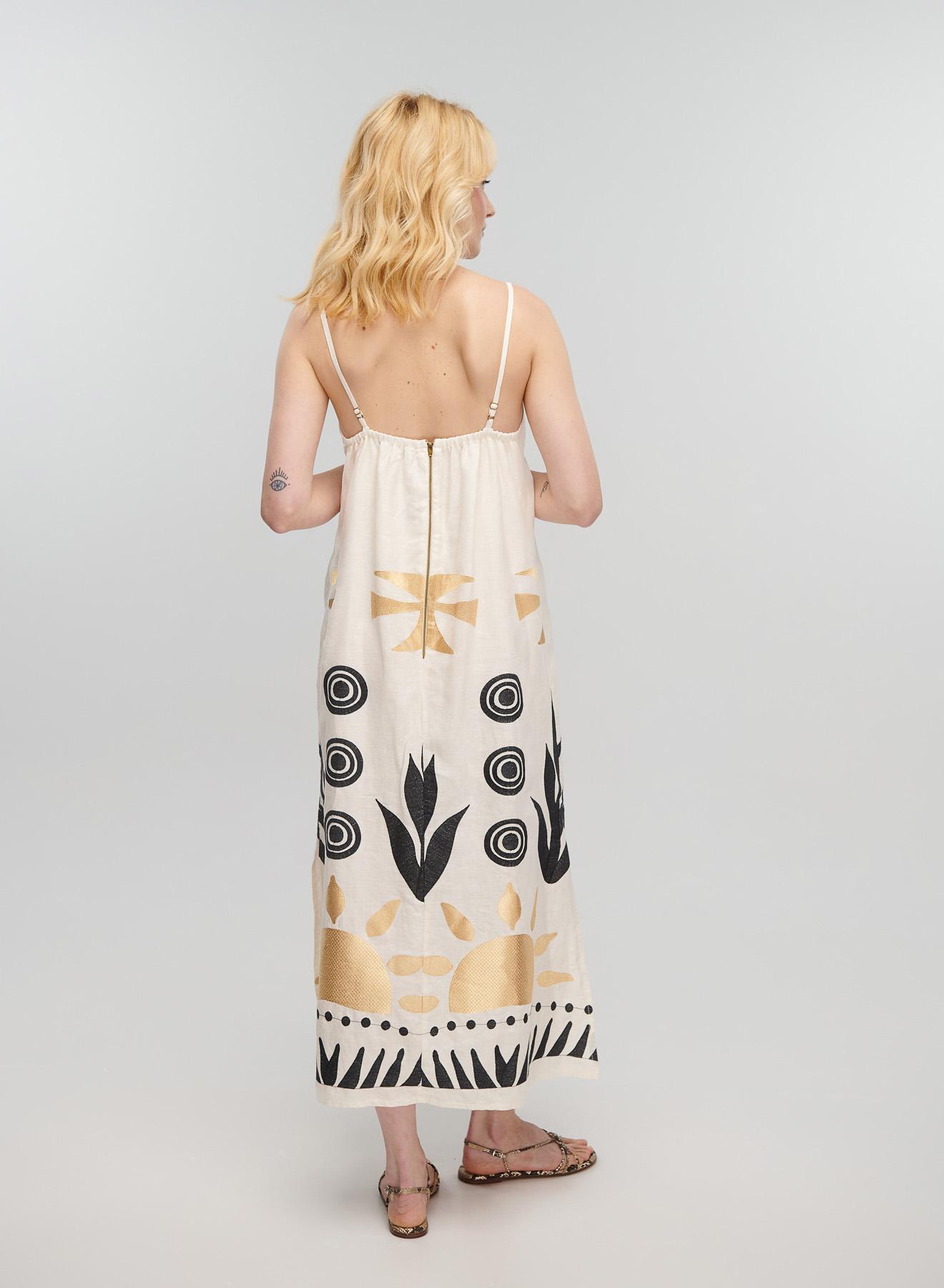 Φυσικό-Μαύρο μακρύ λινό Φόρεμα Ήλιος με τιράντες Greek Archaic Kori - 4