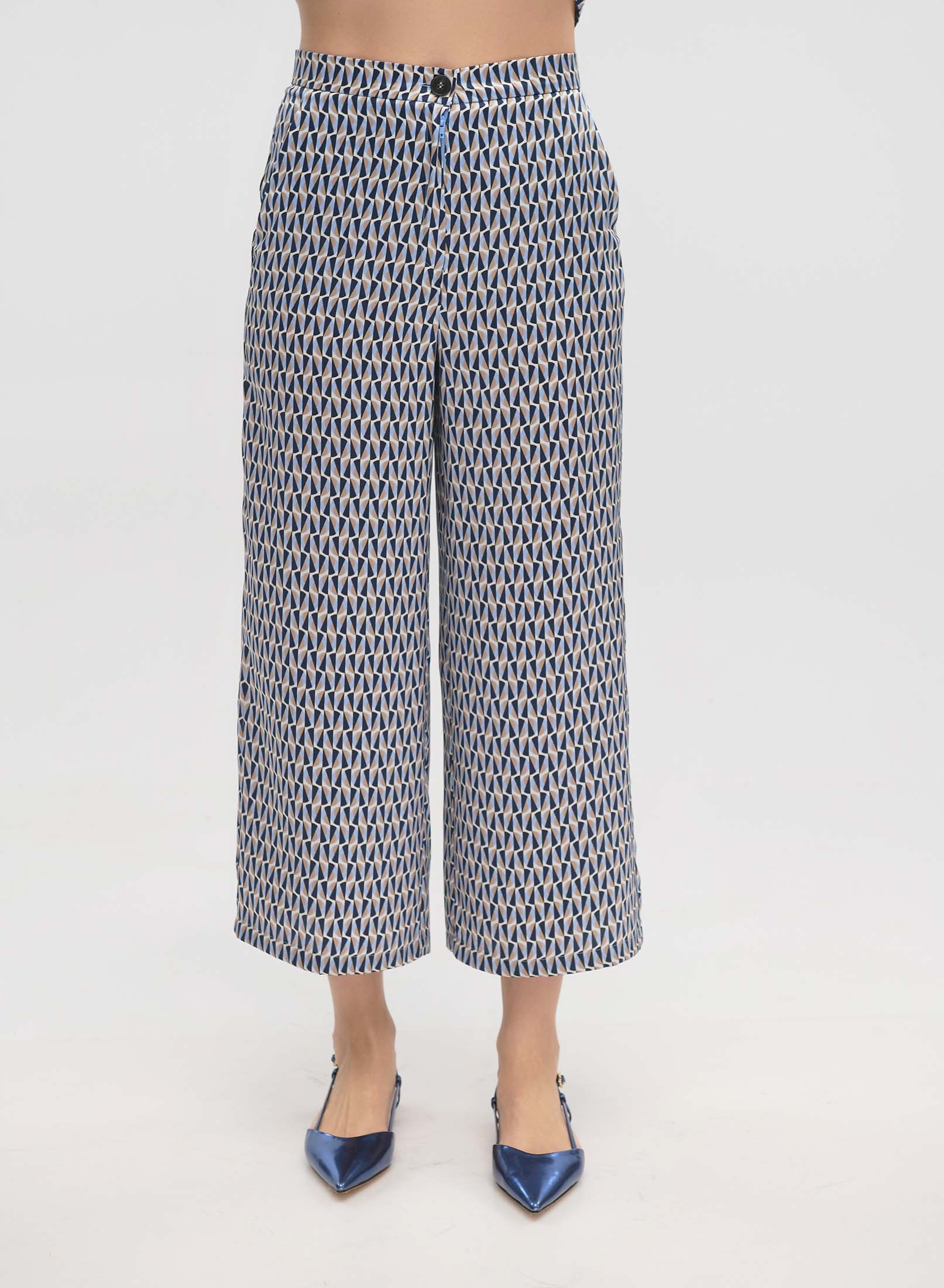 Navy Blue wide legs, geometric Patterned twill cropped Trousers Emme Marella - 5