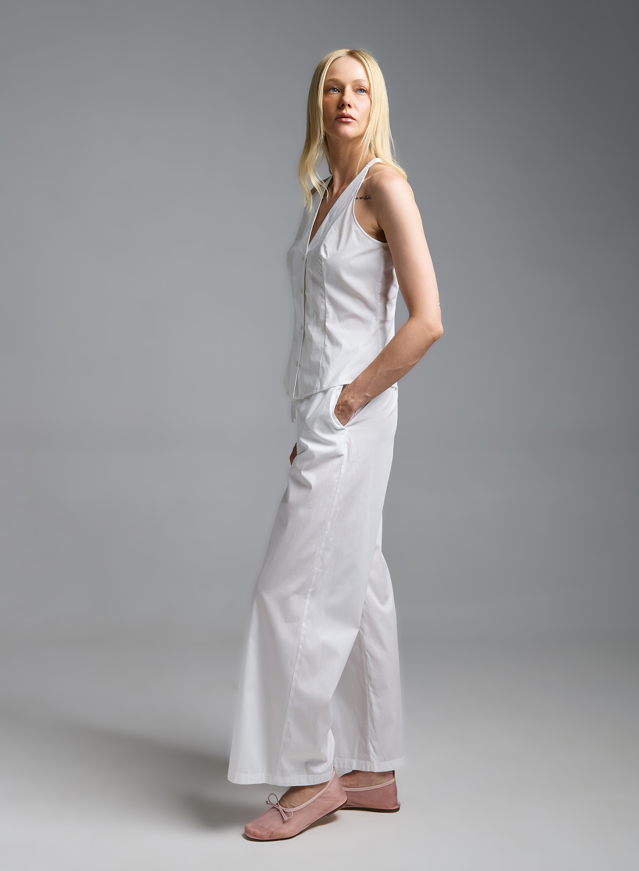 Λευκό wide legs Παντελόνι ποπλίνα με λάστιχο και κορδόνι στη μέση Emme Marella - 2