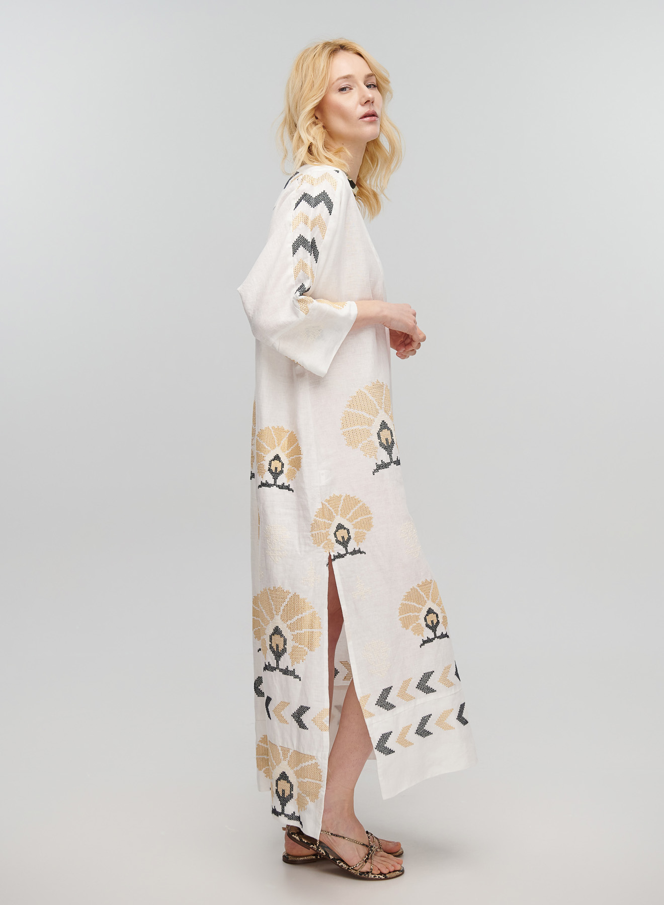 White-Gold long linen Dress mini peacocks with V neckline Greek Archaic Kori - 0