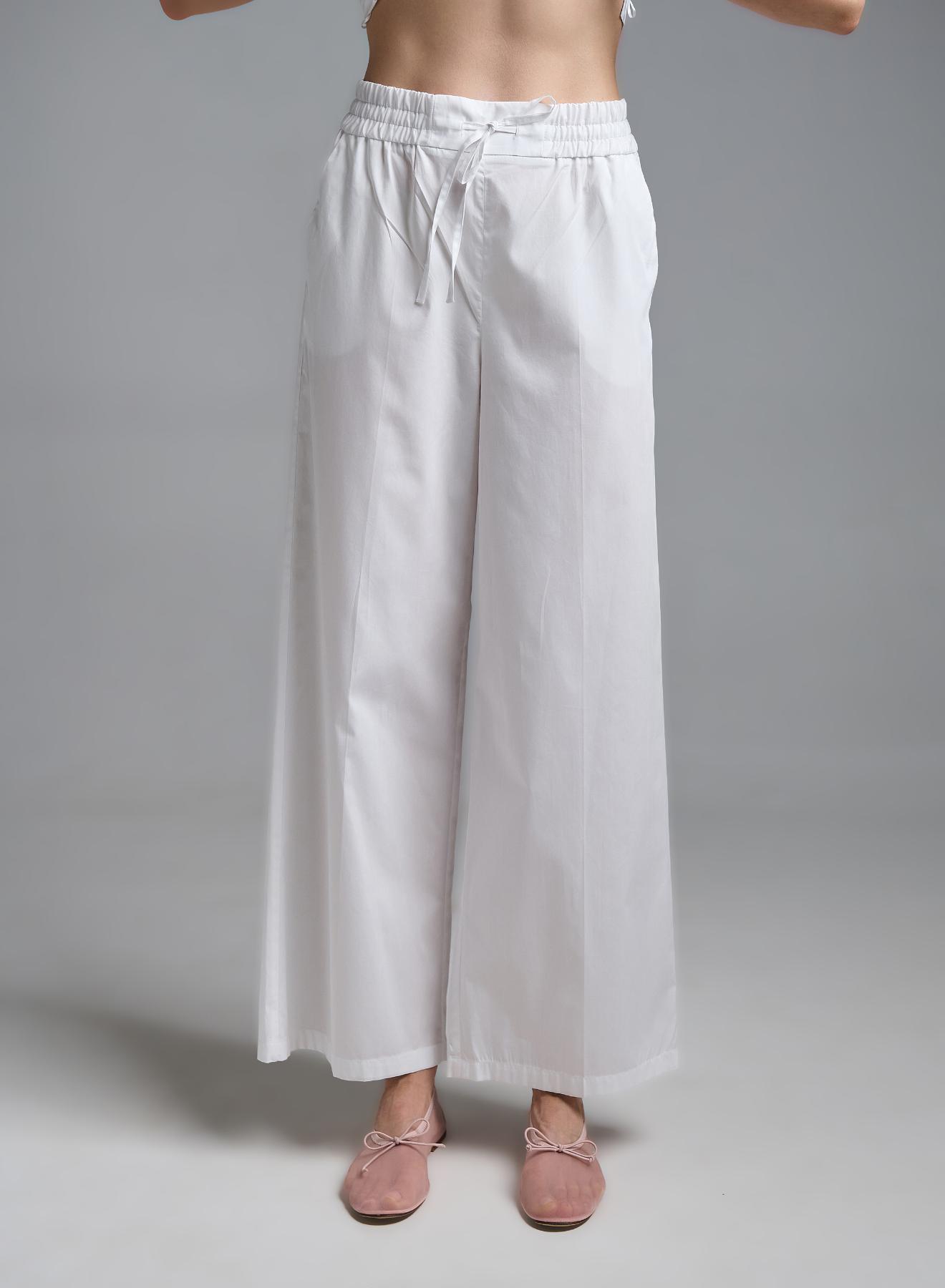 Λευκό wide legs Παντελόνι ποπλίνα με λάστιχο και κορδόνι στη μέση Emme Marella - 4
