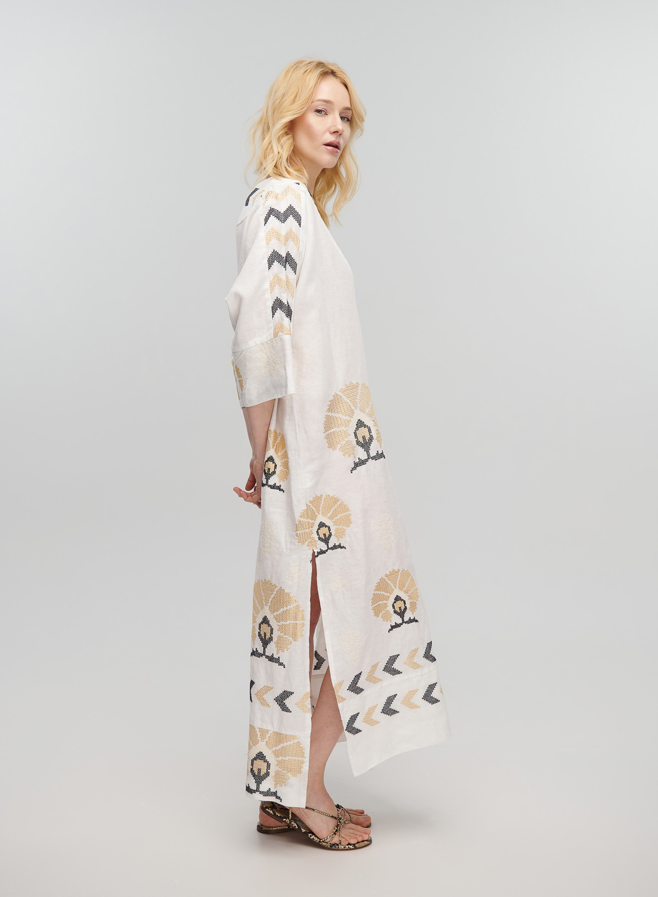 White-Gold long linen Dress mini peacocks with V neckline Greek Archaic Kori - 3