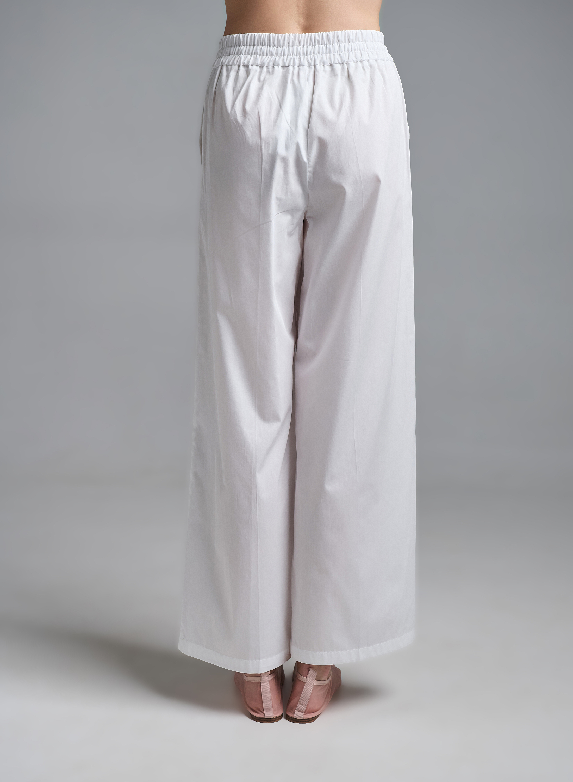 Λευκό wide legs Παντελόνι ποπλίνα με λάστιχο και κορδόνι στη μέση Emme Marella - 4