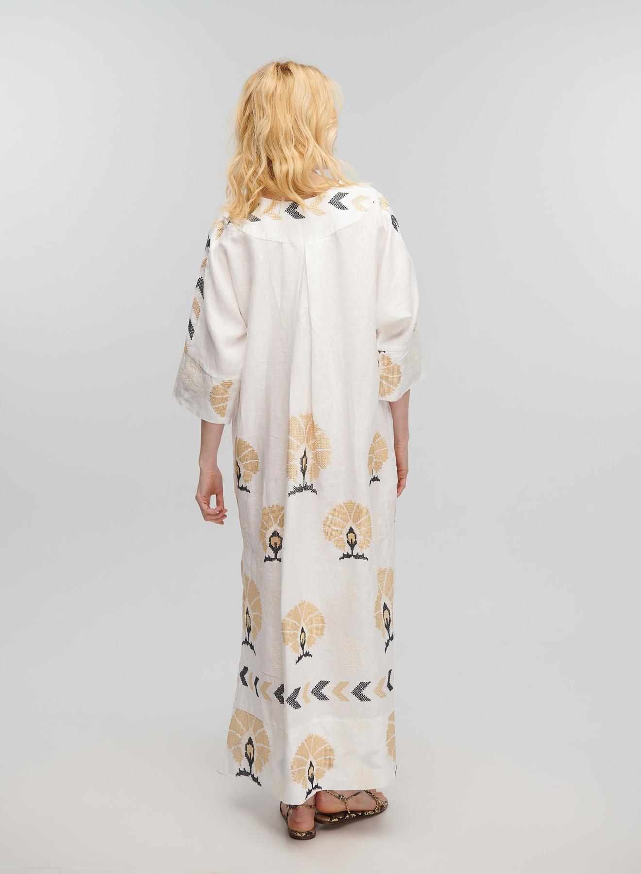 Λευκό-Χρυσό μακρύ λινό Φόρεμα με μικρά Παγώνια και V λαιμόκοψη Greek Archaic Kori - 5