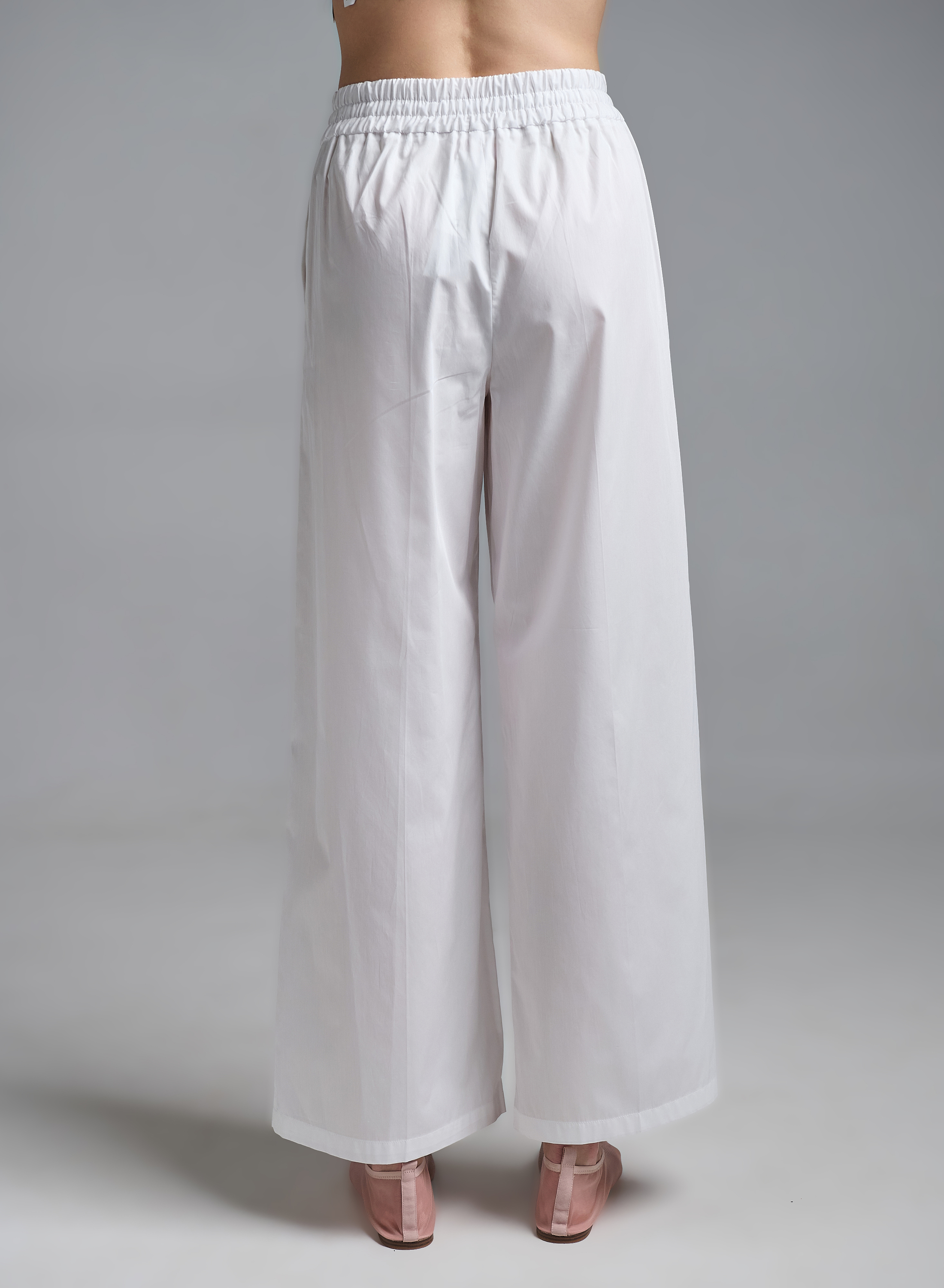 Λευκό wide legs Παντελόνι ποπλίνα με λάστιχο και κορδόνι στη μέση Emme Marella - 5