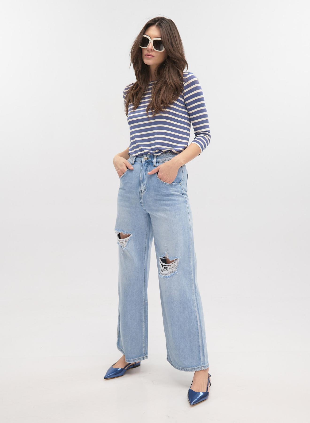 Light Blue wide legs Denim Trousers with rips Lara - 1