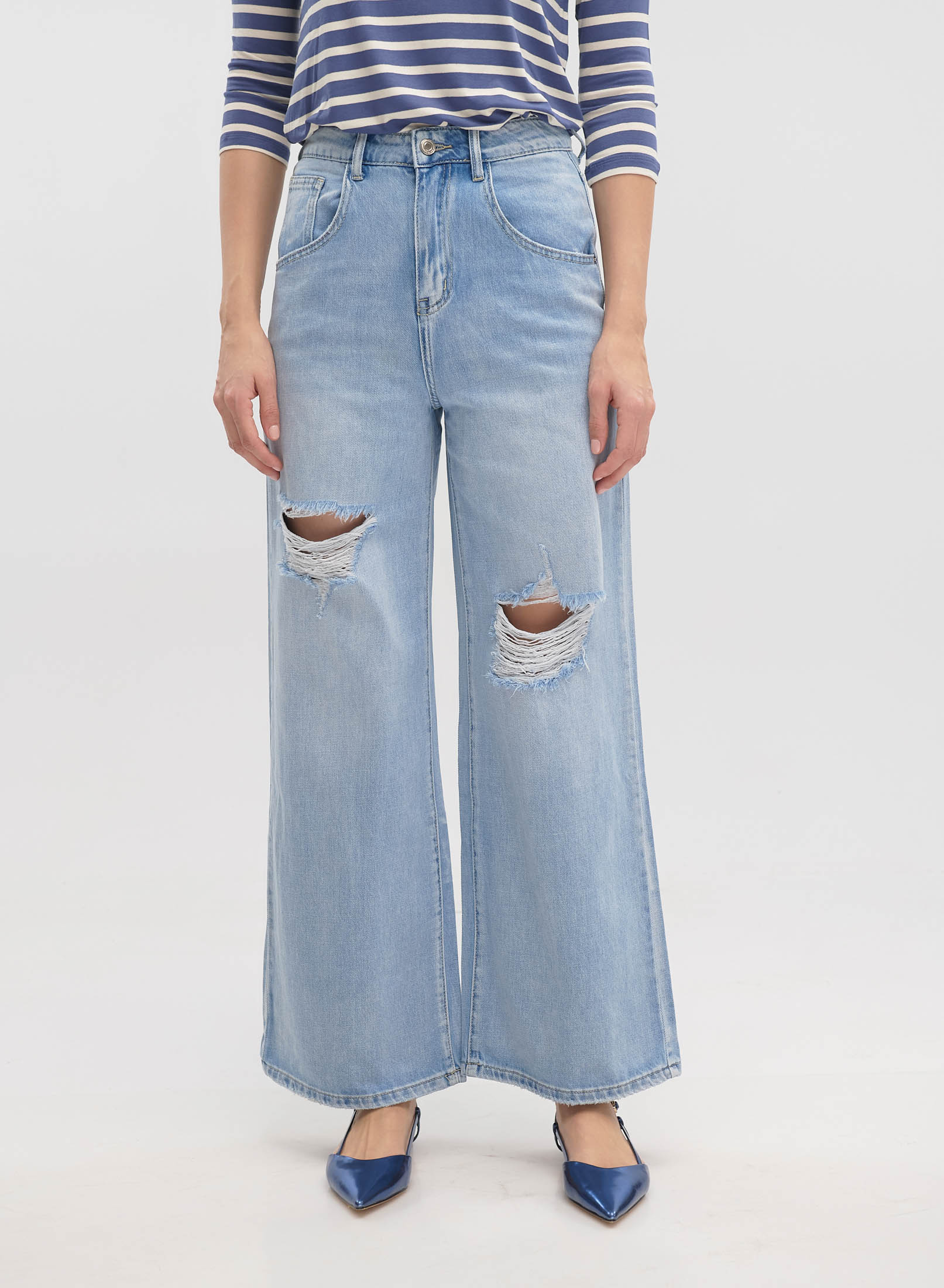 Light Blue wide legs Denim Trousers with rips Lara - 1