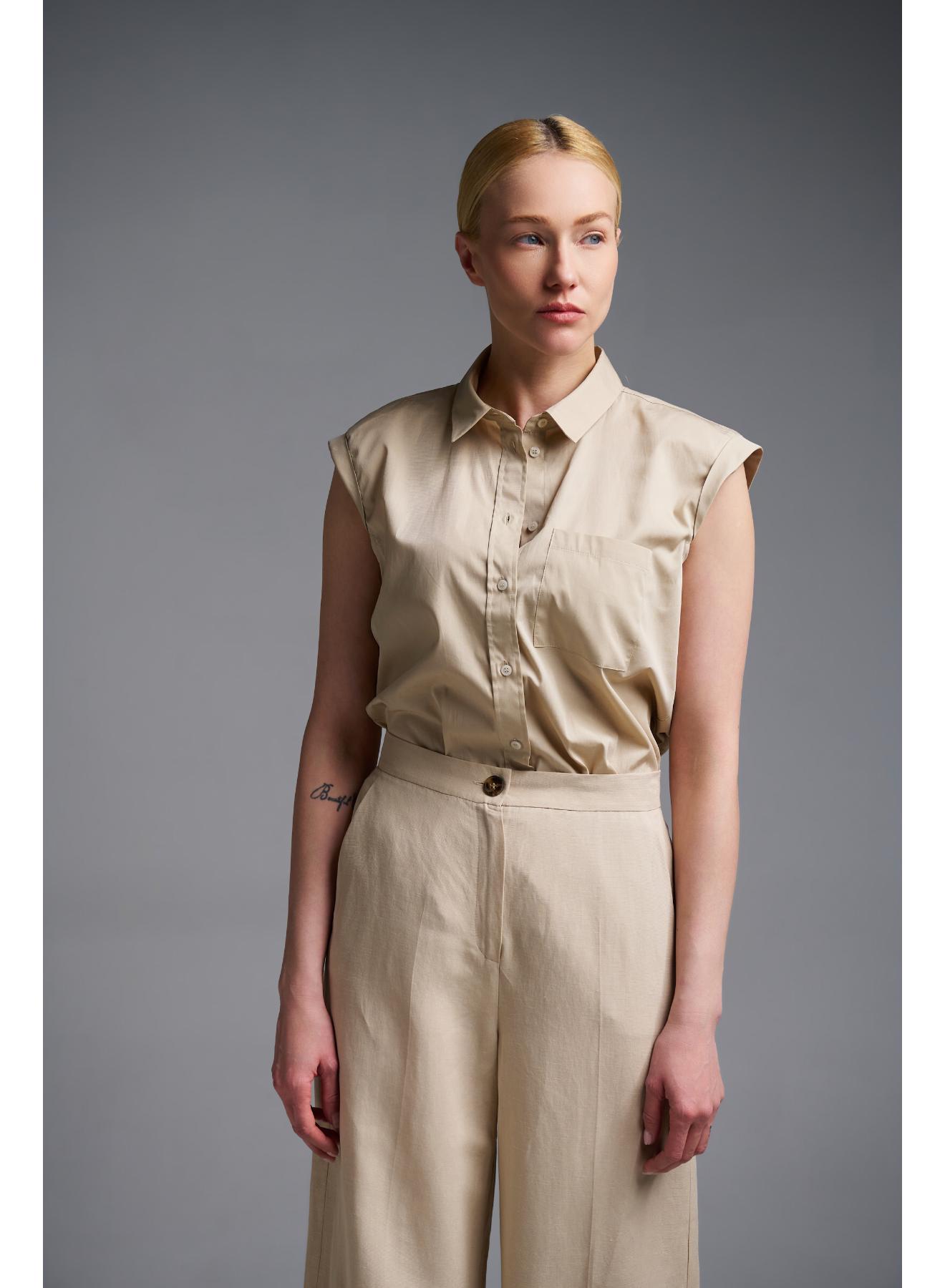 Μπεζ αμάνικο Πουκάμισο ποπλίνα Emme Marella - 4