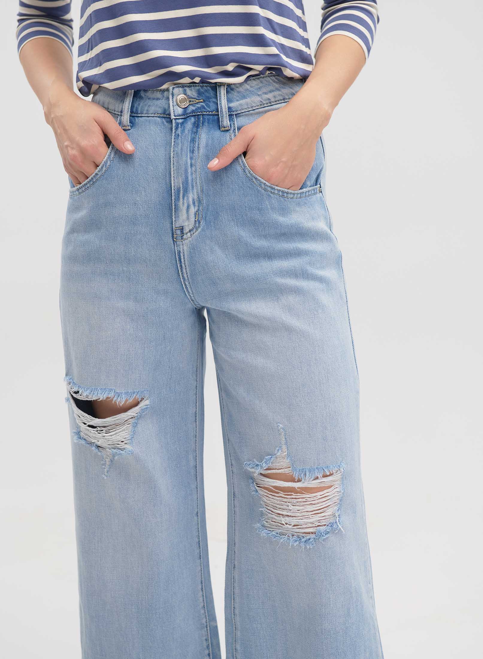 Light Blue wide legs Denim Trousers with rips Lara - 2